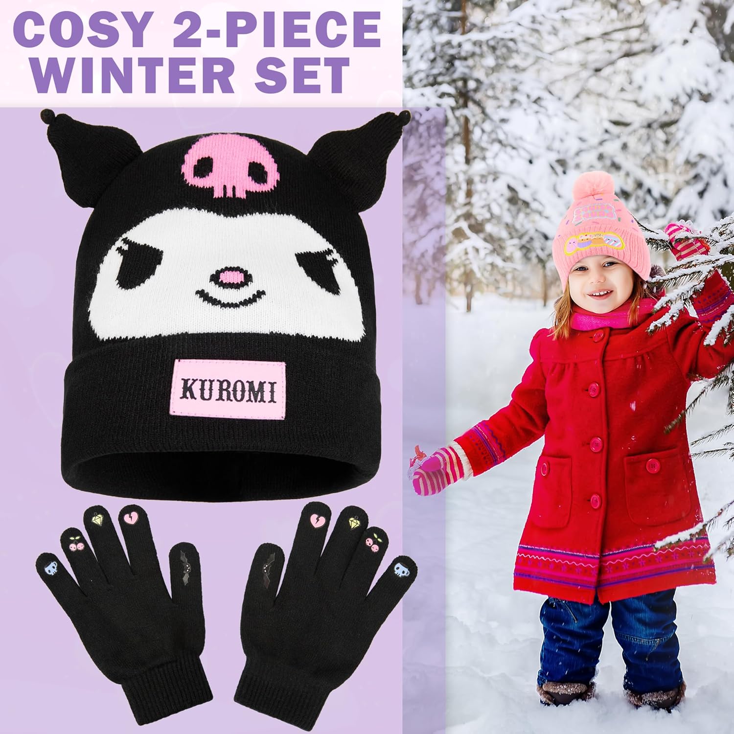 Hello Kitty Sanrio 2pcs Beanie, Gloves or 3pcs Hat, Gloves, Scarf Knit Set for Girls, Winter Gear, Kawaii Gifts for Girls - Image 2