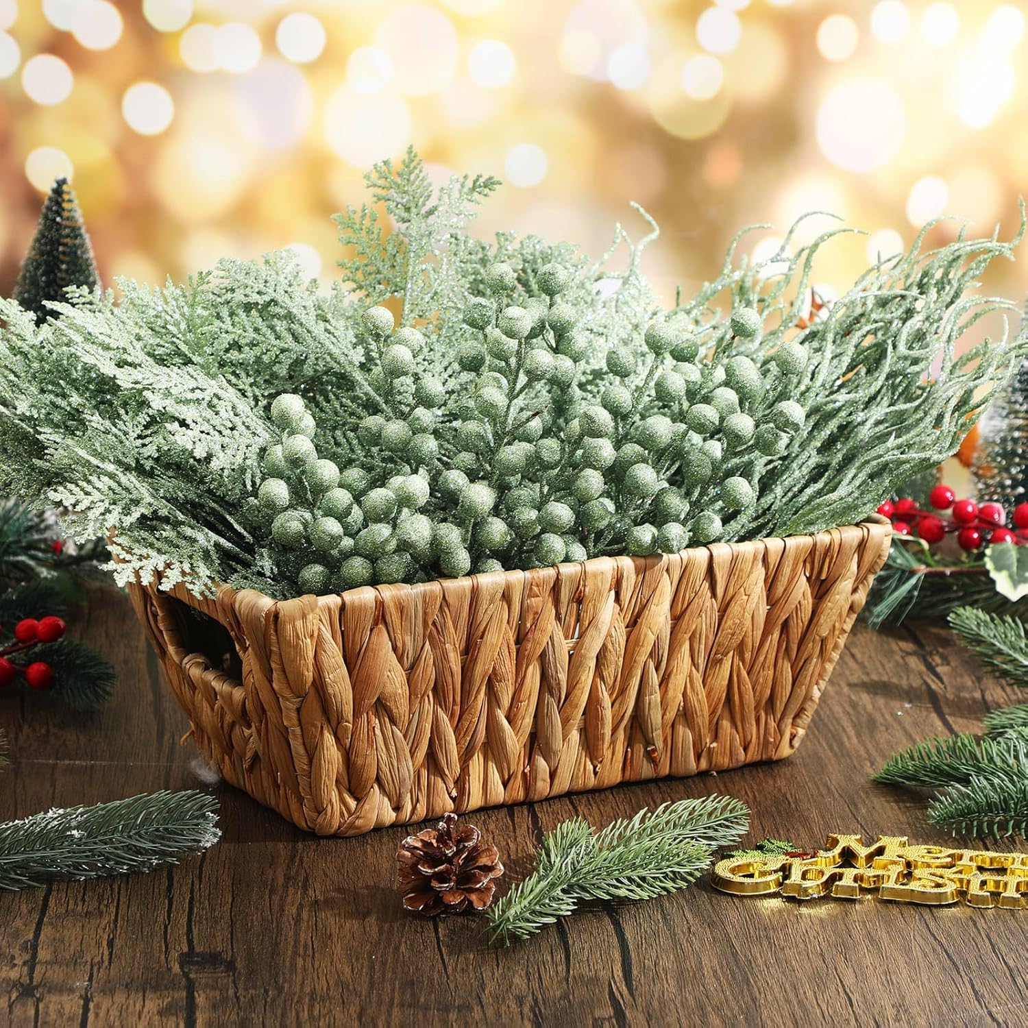 75 Pcs Christmas Glitter Branches 3 Styles Artificial Christmas Picks Berries Stems Pine Needles Floral Twig Spray for Xmas Tree Ornaments DIY Wreath Garland(Light Green)