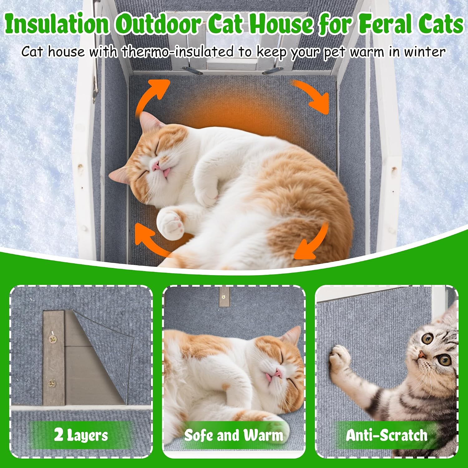 Gowoodhut Insulated Outdoor Cat House Weatherproof Feral Cat Shelter for Winter Outside Cat Houses for 1-2 Cats Indoor Pets Condo with Waterproof Roof & Escape Door, 6.3" Raised Base & Balcony