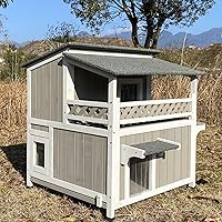 Gowoodhut 2-Story Outdoor Feral Cat Shelter with Balcony - Weatherproof Wooden Cat House for Stray Cats, Waterproof & Escape Doors