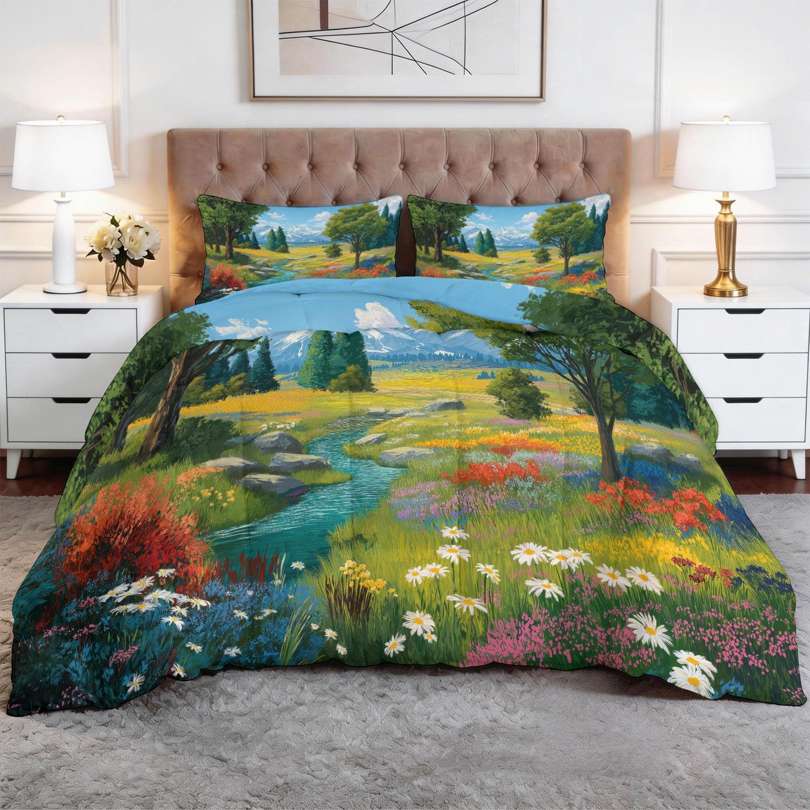 Generisch Bunte Wiese Bach Bettdecke 200 x 200 cm 4 Jahreszeiten Steppdecke, Cartoon Waschbare Ganzjahresdecke Kinder Erwachsene Bettwaren Set Kinderzimmer Familienzimmer Bettdecke Ohne Bezug