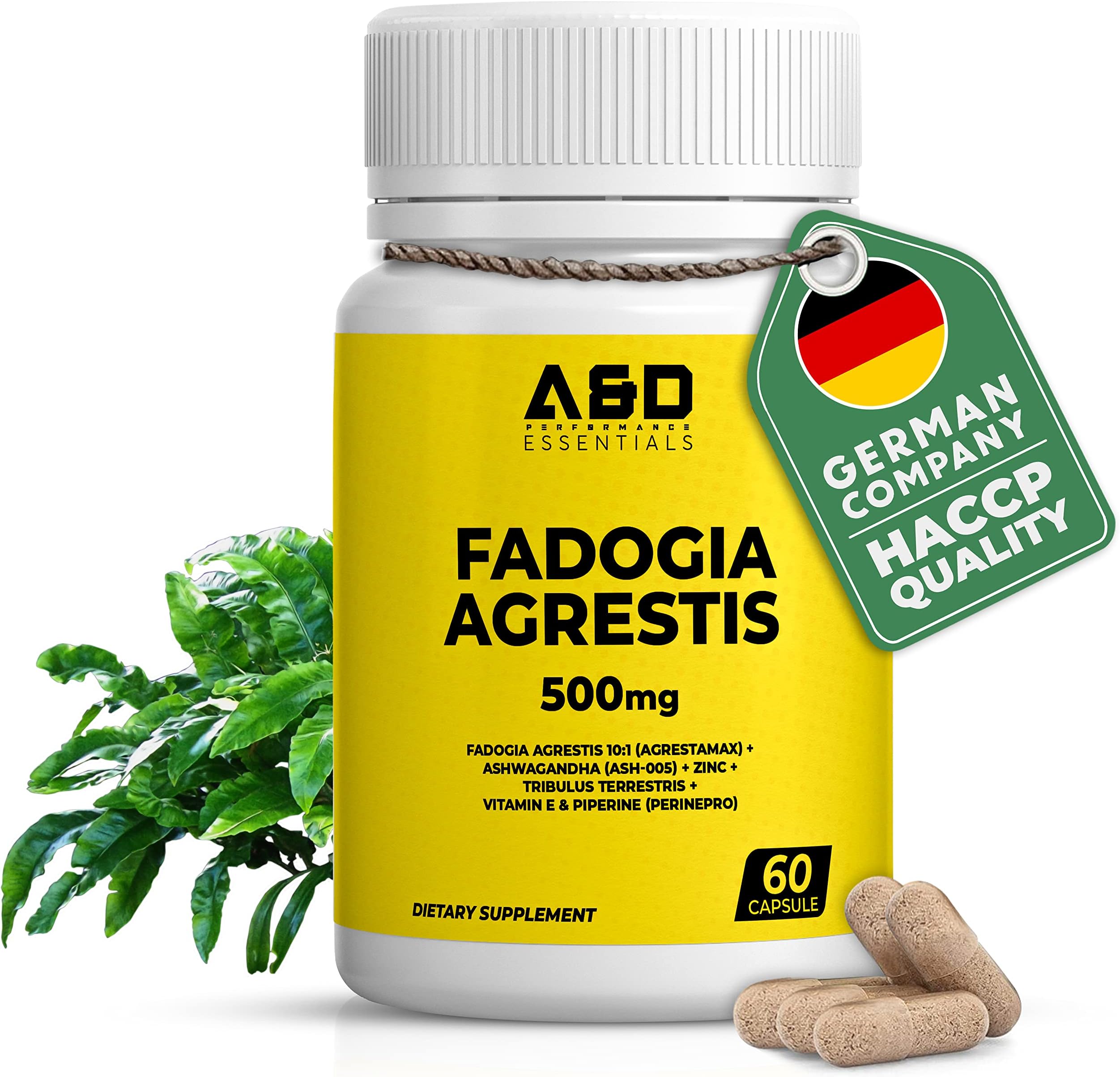 A&D Performance Fadogia Agrestis + PerinePro 500mg Capsules with Ashwagandha, Zinc, and Vitamin E - Fadogia Agrestis Extract for Muscle Mass and Stamina - Vegan, Lab Tested - 60 Capsules