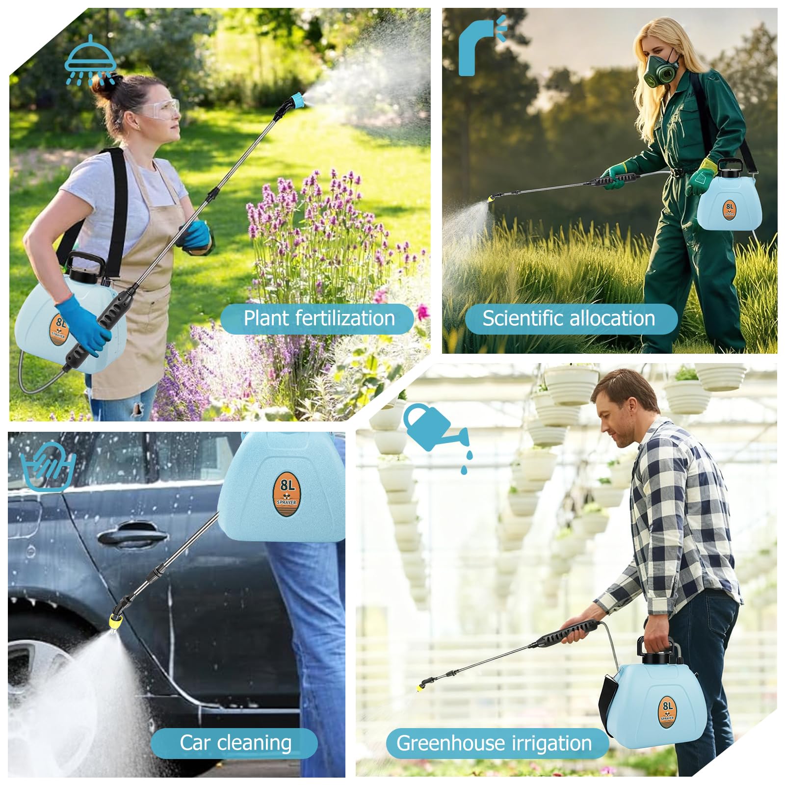 Nikou Pompa Irroratrice a Batteria 8L, Spruzzatore Elettrico Nebulizzatore Giardino a Pressione, Spruzzino Nebulizzatore Piante con 3 Ugelli, Lancia Telescopica, per Cortile Prato Irrigazione