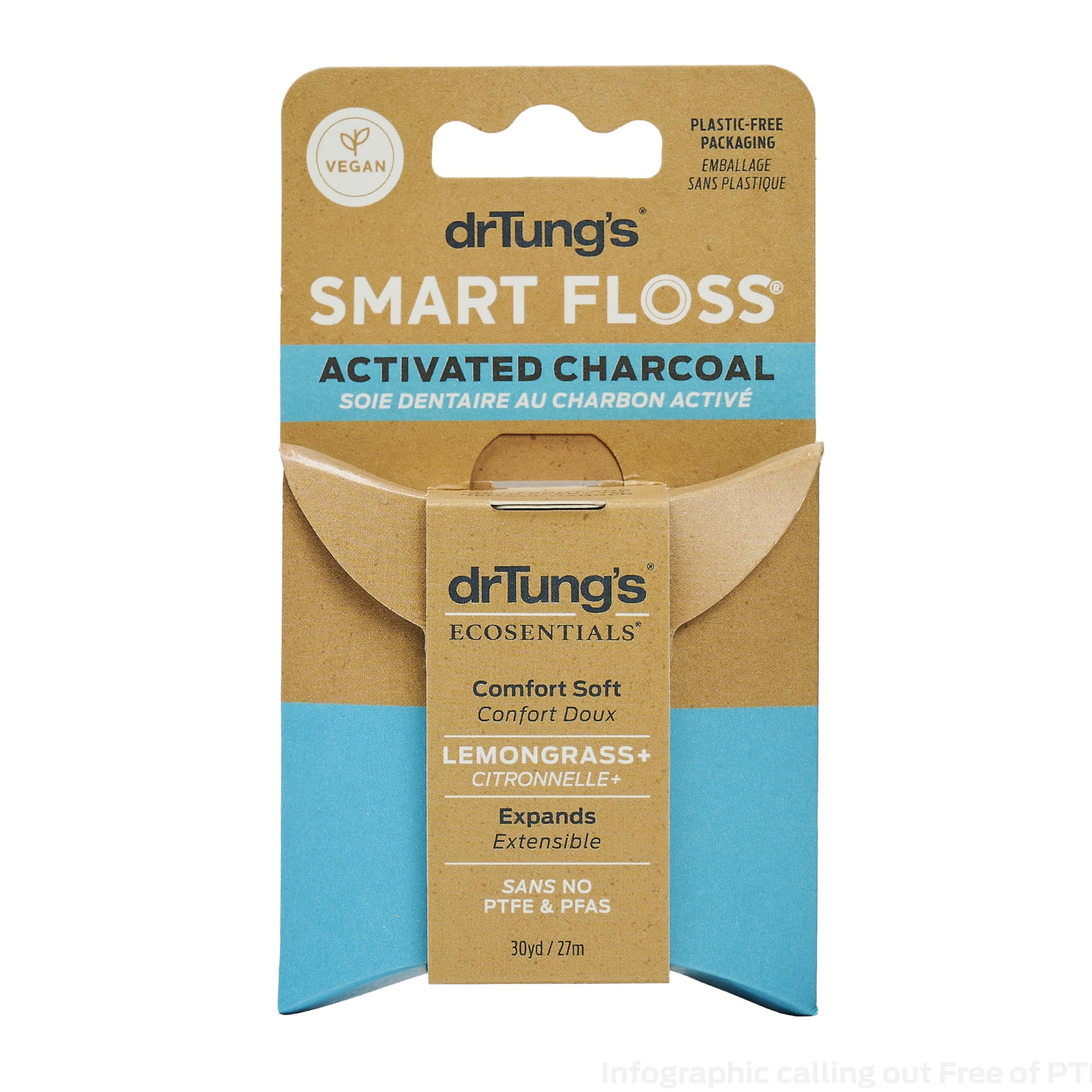DrTung's Vegan Activated Charcoal Floss - Natural Dental Floss, Gentle on Gums, Expands & Stretches, BPA Free Floss - Lemongrass Flavor (Pack of 1)