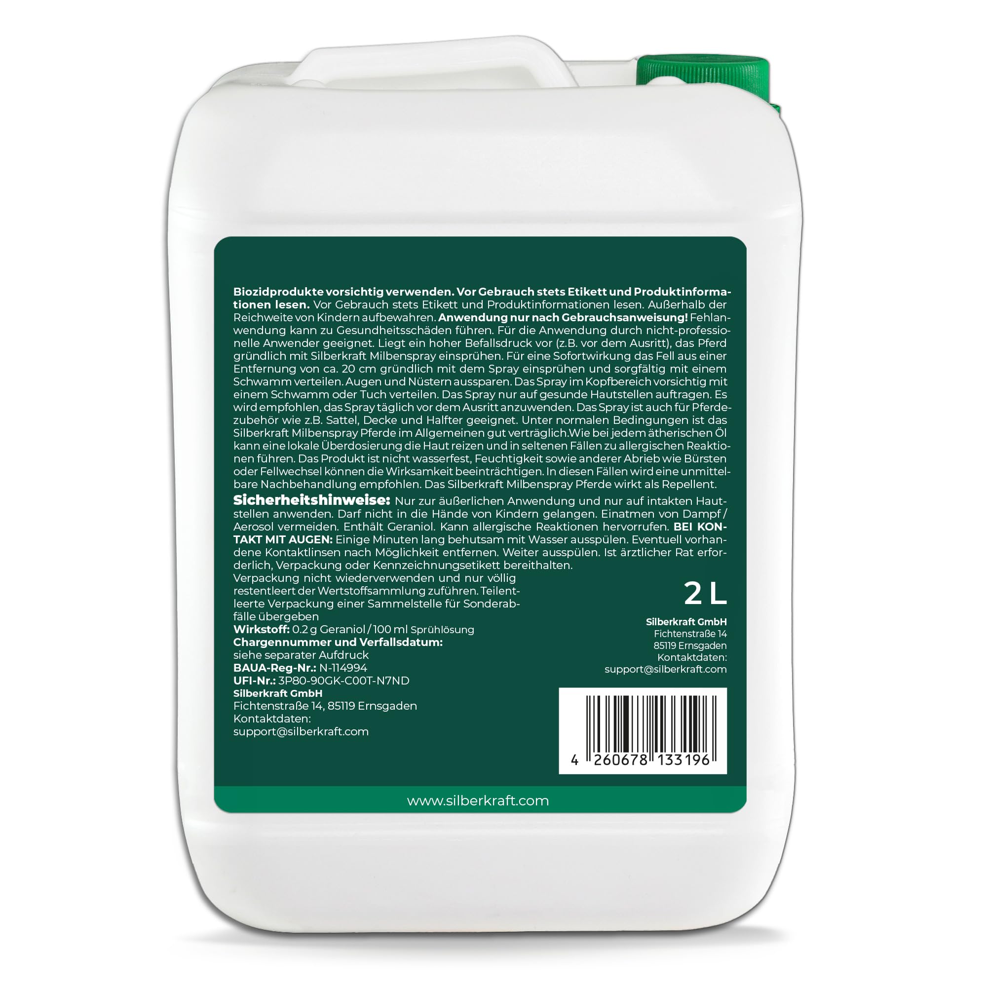 Silberkraft Milbenspray Pferde 2 L - Repellent zur Abwehr von Milben, Flöhen und Läusen - Für Fell, Mähne, Schweif & Stall - Gebrauchsfertig – mit Geraniol