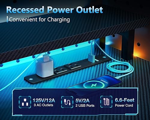 Miniatura 4 de AODK Escritorio para juegos de 59 pulgadas con puertos de carga USB y luz LED, escritorio reversible para computadora con estantes de almacenamiento