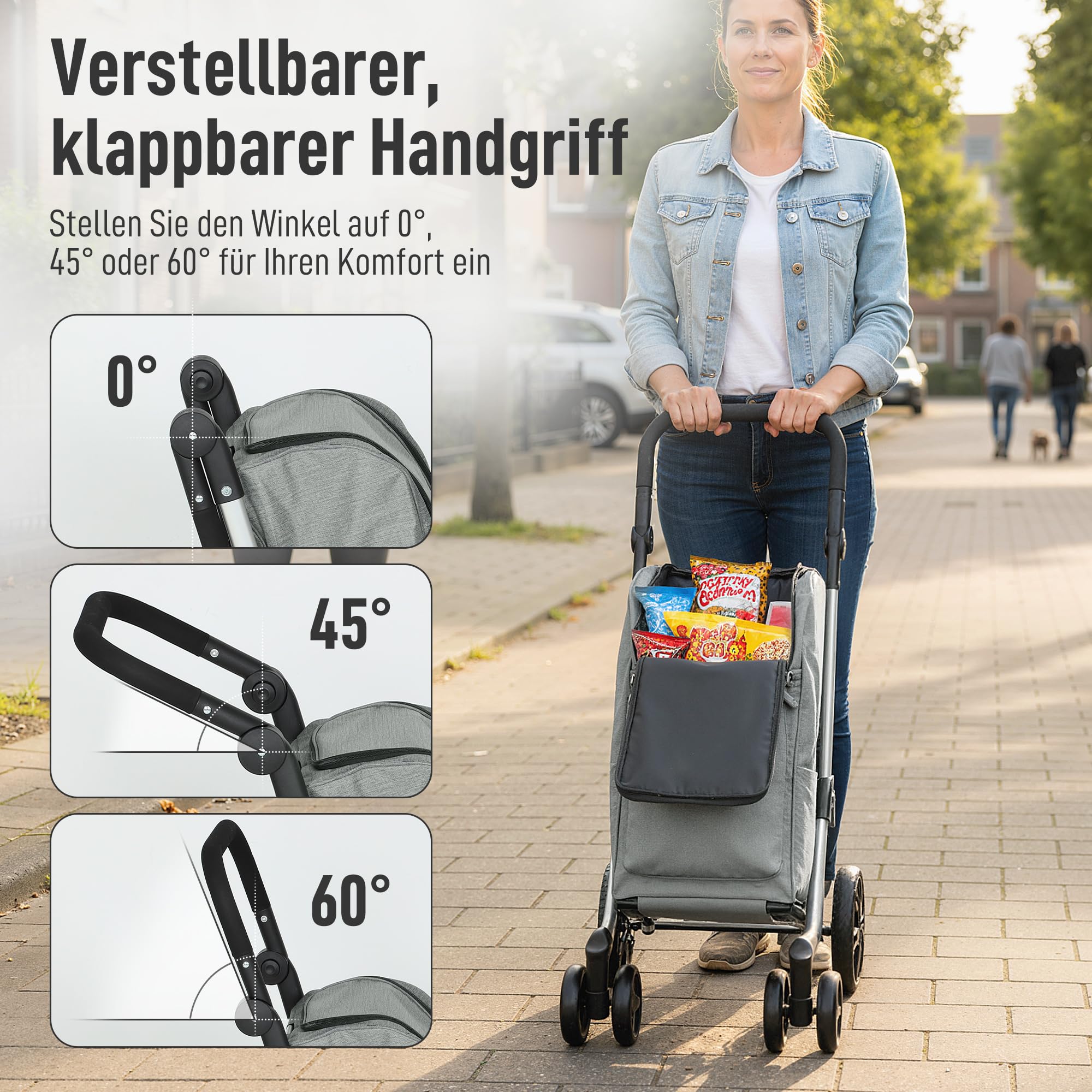 HOMCOM Wózek na zakupy, składany, z kieszenią chłodzącą, regulowany uchwyt, 46 l, szary | Wózek na zakupy, wózek 3 w 1, wózek transportowy i torba na ramię, wózek na zakupy ze zdejmowaną torbą, 6 kółek