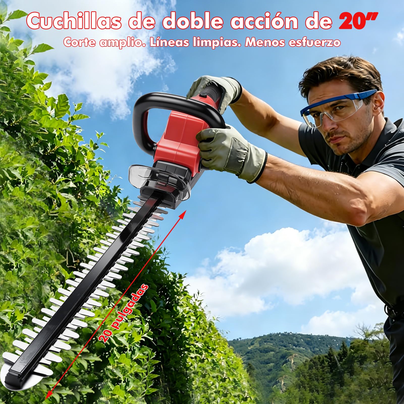Cortasetos Bateria 21V, Cortasetos Electrico Ligero a Batería con 2 Baterías 3,0 Ah y Cargador 1,0A, 56cm Podadora Electrica Profesional, 18mm Separación Entre Dientes para Setos y Arbustos