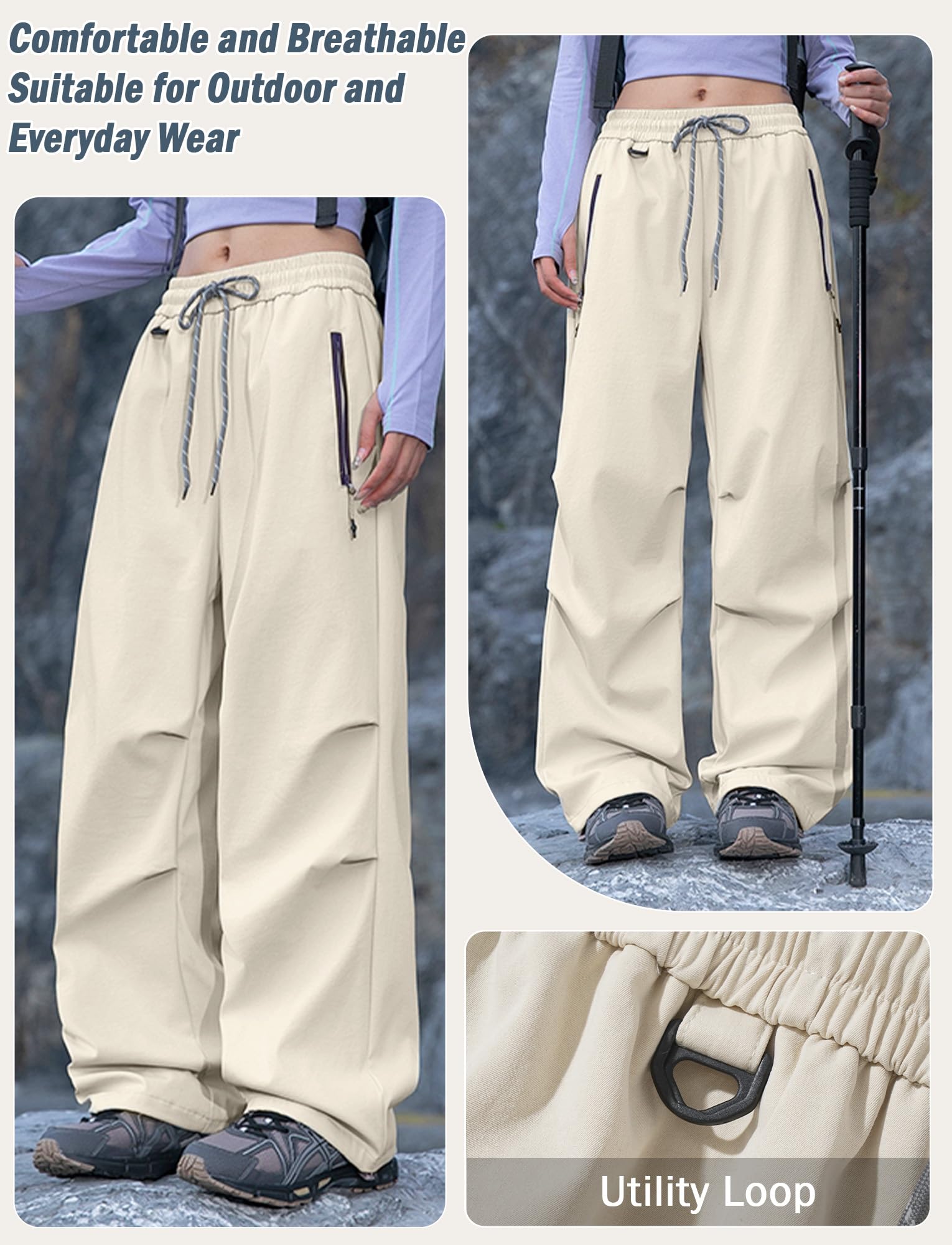 FEOYA Pantalon de Randonnée Femme Droit Pantalon Cargo avec zippée Poche Léger Respirant Jogging Trekking Imperméable Extérieur Beige XL