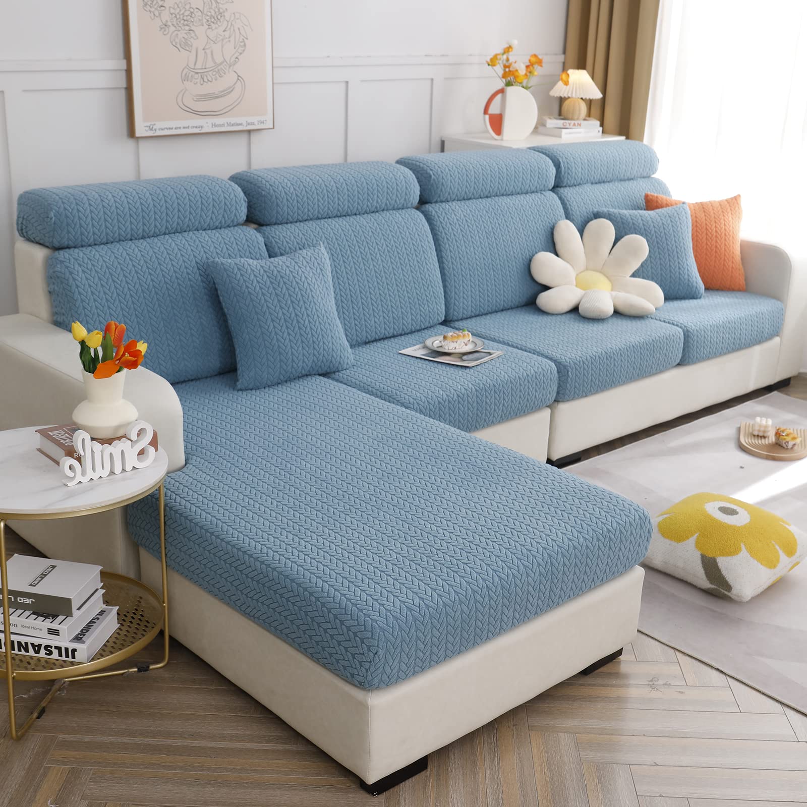 OKYUK Universal Sofa Cover, 2023 New Wear-Resistant High Stretch Couch Cushion Slipcovers, Anti-Slip L Shape Sofa Covers - Tear Stain Resistant Sofa Protector (Light Blue, Back Cover M)