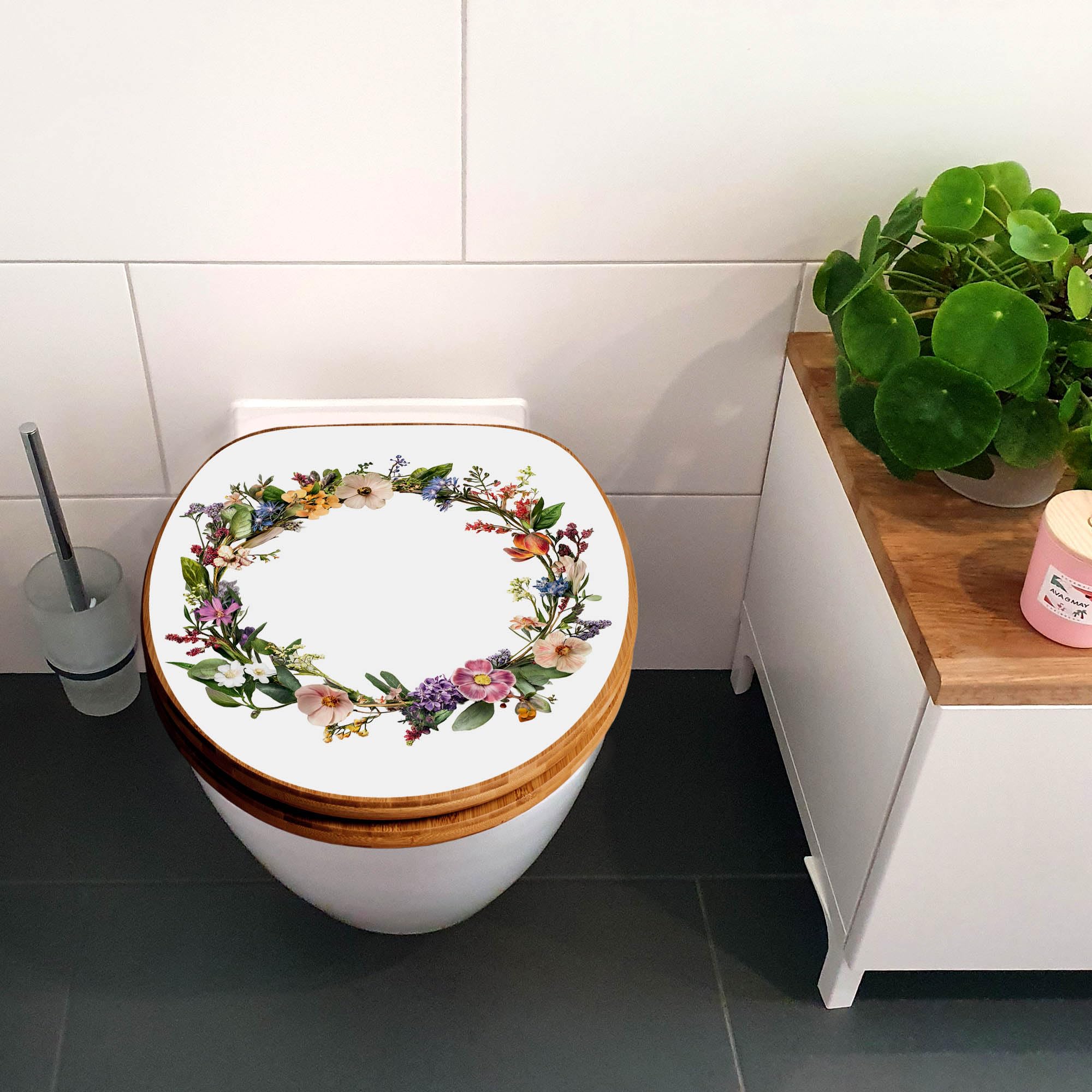 banjado Design WC Sitz Bambus Absenkautomatik 45,8x37,5cm - Toilettendeckel mit Absenkautomatik Holz - hochwertiger Bambus Klodeckel - WC-Sitz für gängigen Toiletten - Motiv Blumenkranz der Jahreszeit