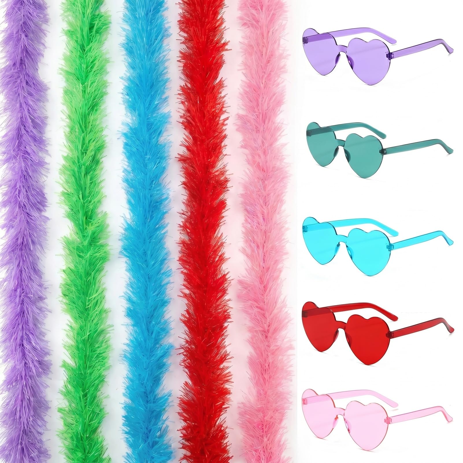 Feather Boa Multipack & Heart-Shaped Sunglasses Set - 5PCS Colorful Feather Scarves with 5 Fun Sunglasses for Hen Do, Bridal Party, Fancy Dress & Costume Events（Pink, Blue, Red, Purple, Green ）