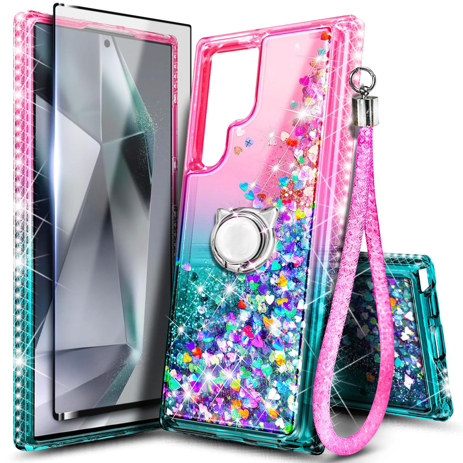 NGB Designed for Samsung Galaxy S24 Ultra Case, Pink/Aqua | Glitter Liquid Sparkle Cute Cover for Women Girls Kids | with Screen Protector & Ring