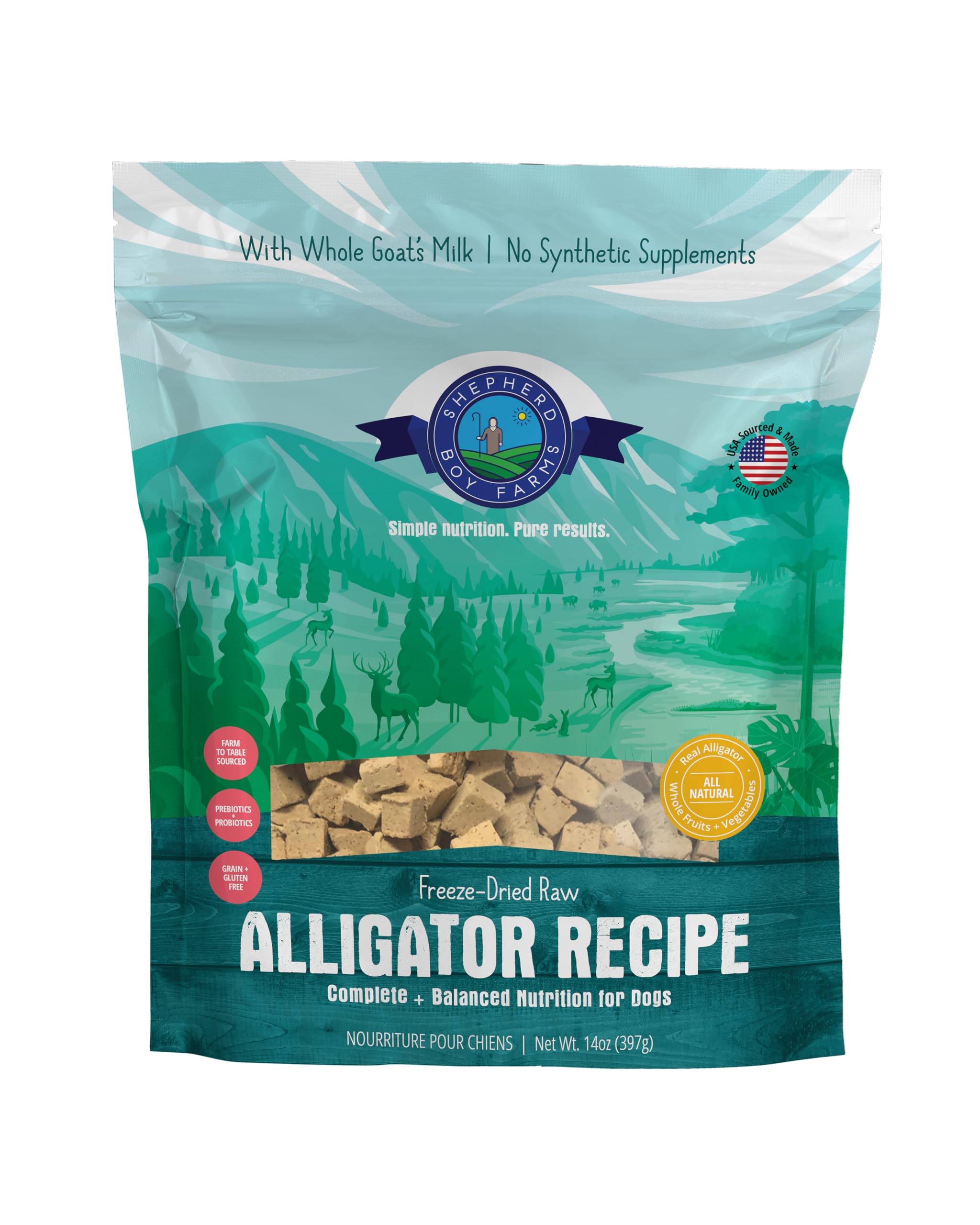 Shepherd Boy Farms Freeze Dried Raw Dog Food, Alligator Recipe, All Natural, No Synthetics, Made in USA with Goat's Milk & Organic Produce, High