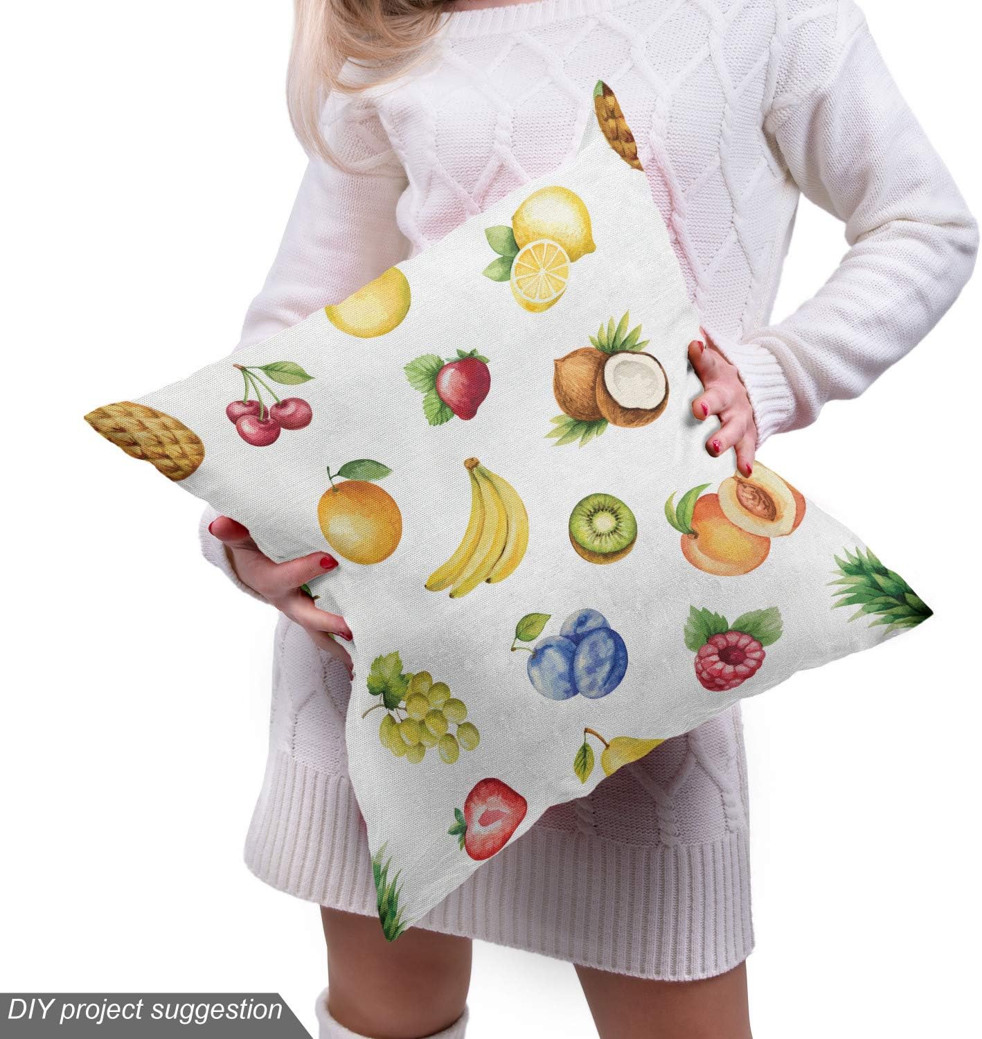 Lunarable Nature Fabric by The Yard, Watercolor Style Effect Fruits Like Banana Grape Lemon Plum Cherry Illustration, Decorative Fabric for Upholstery and Home Accents, 2 Yards, Green Yellow