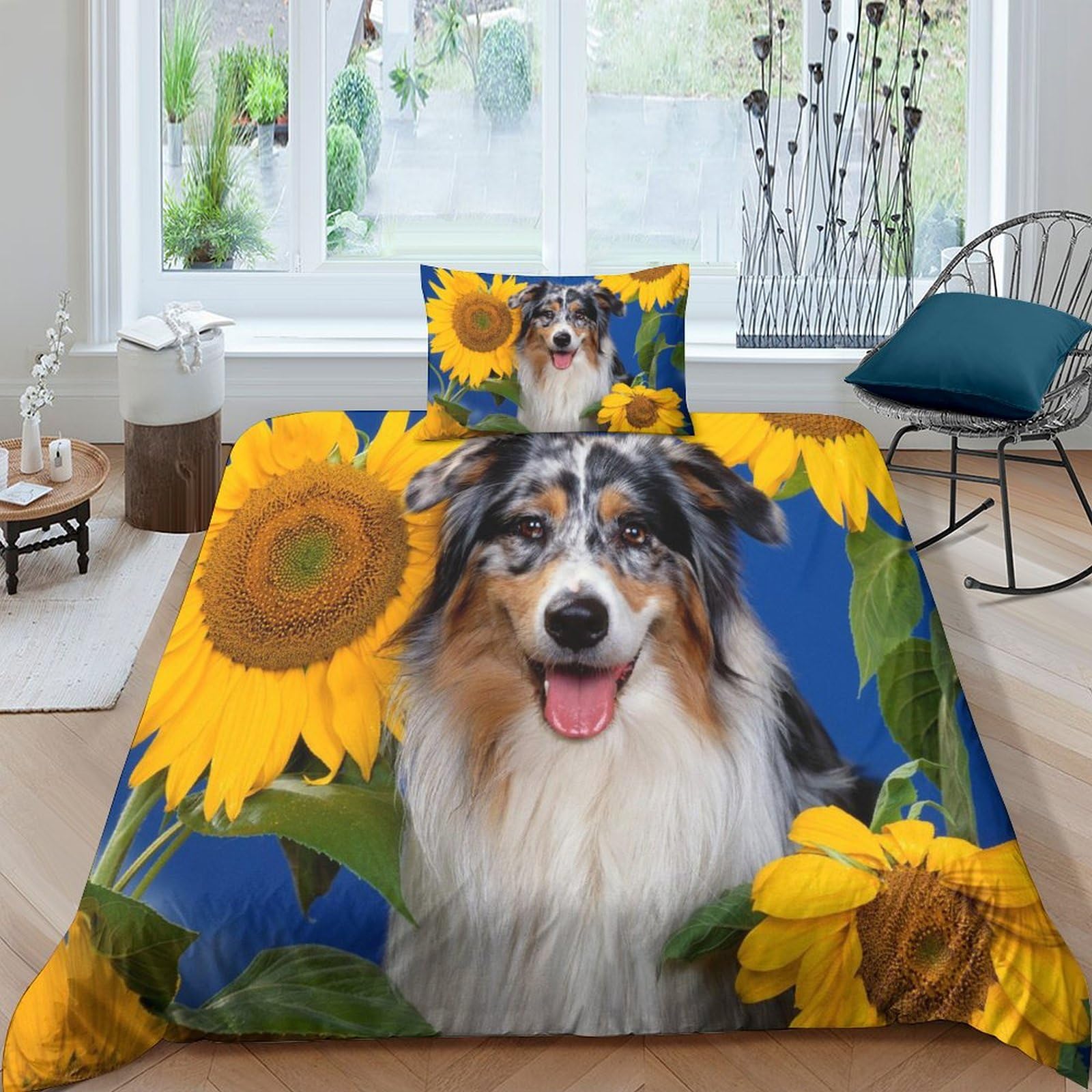 Housse de couette chien tournesol 3D anti-plis avec fermeture éclair parure de lit microfibre
