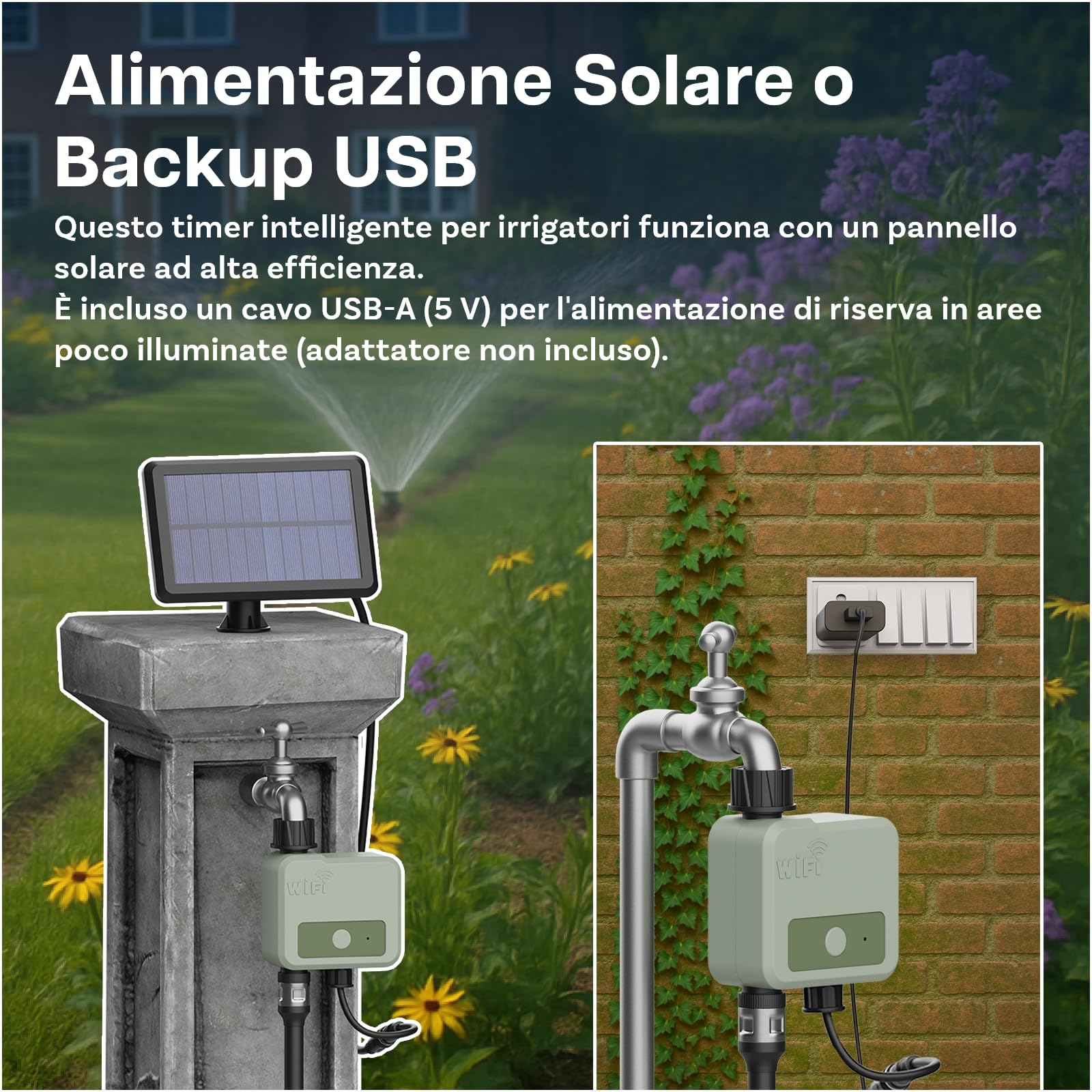 Timer Irrigazione WiFi Smart di MMOBIEL – Programmatore per Irrigazione Alimentato da Solare & USB - 30m Raggio Wireless, Programmazione Automatica, Resistente alle Intemperie - Facile Installazione