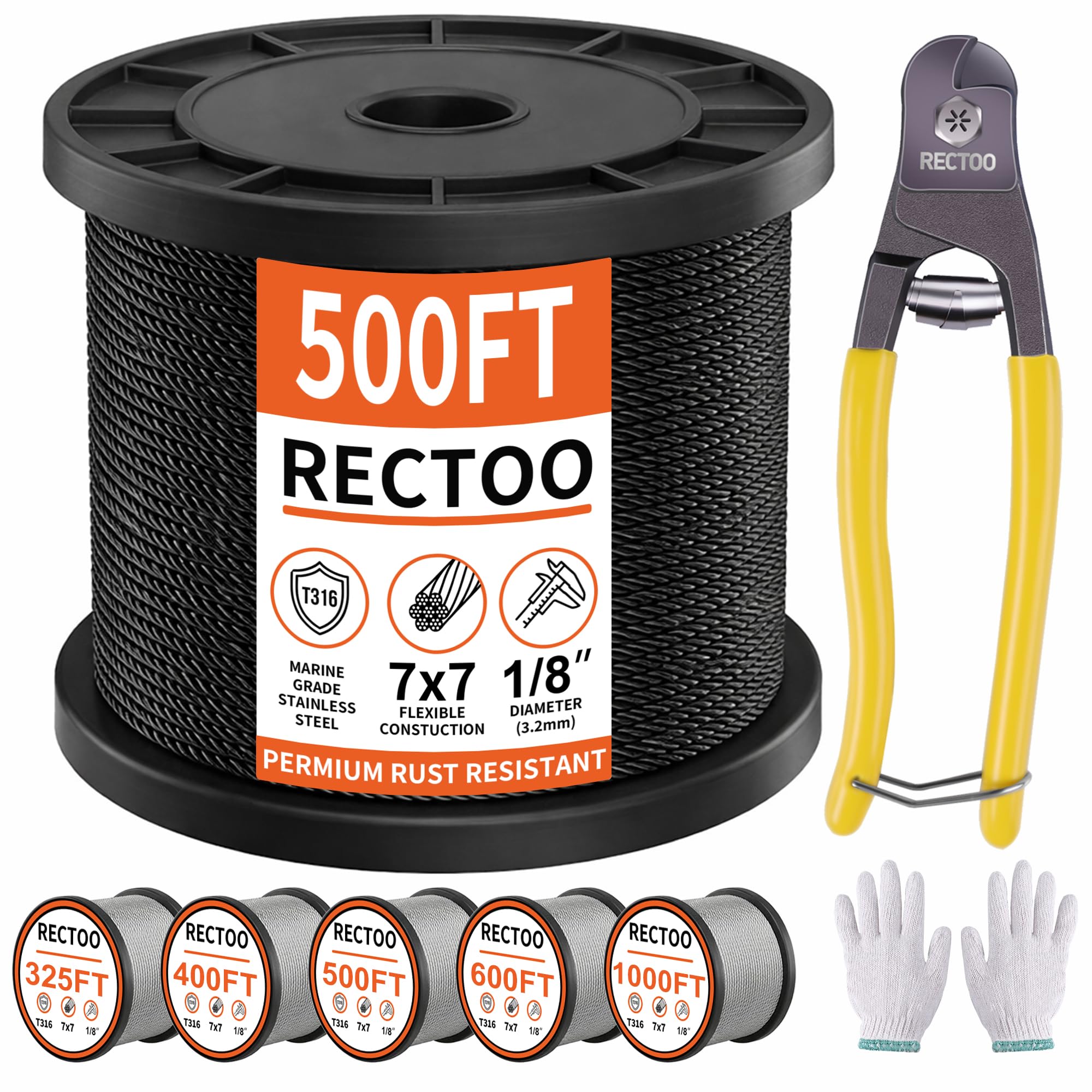 RECTOO 1/8 Stainless Steel Cable, Black 500FT T316 Marine Grade Wire Rope with 8" Cutter & Protector Sleeves, 7x7 Strand Aircraft Cable for Deck