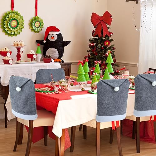 Miniatura 7 de CHOTONIC 4 fundas para sillas de Navidad con sombrero de Papá Noel, no tejidas con sombrero negro, fundas para sillas de comedor de Navidad, fundas