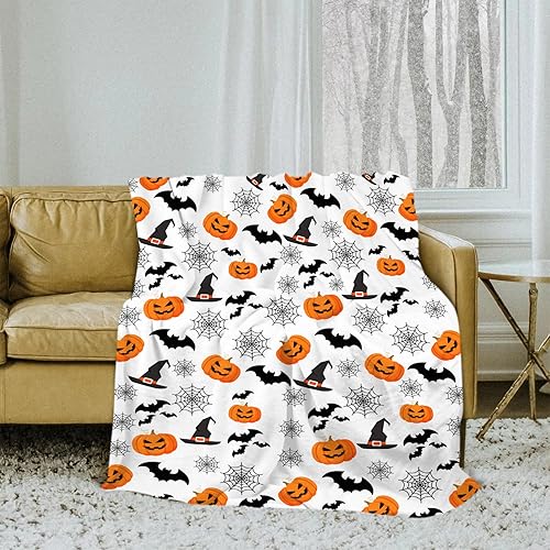 Miniatura 5 de Manta de Halloween con diseño de telaraña, calabazas, sombrero de bruja, murciélagos negros, manta de franela suave, cálida y acogedora para