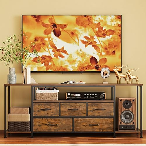 Miniatura 9 de Soporte de TV para televisores de hasta 75 pulgadas, mesa consola industrial de TV con 5 cajones de tela y 3 estantes abiertos, centro de