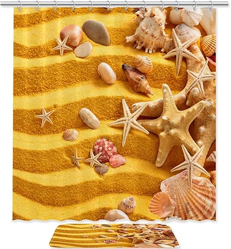 Beach Summer Starfishes Wave Waterproof Shower Curtain and Mat Set Polyester Bathroom Curtain and Rug Set with Hooks 708x708