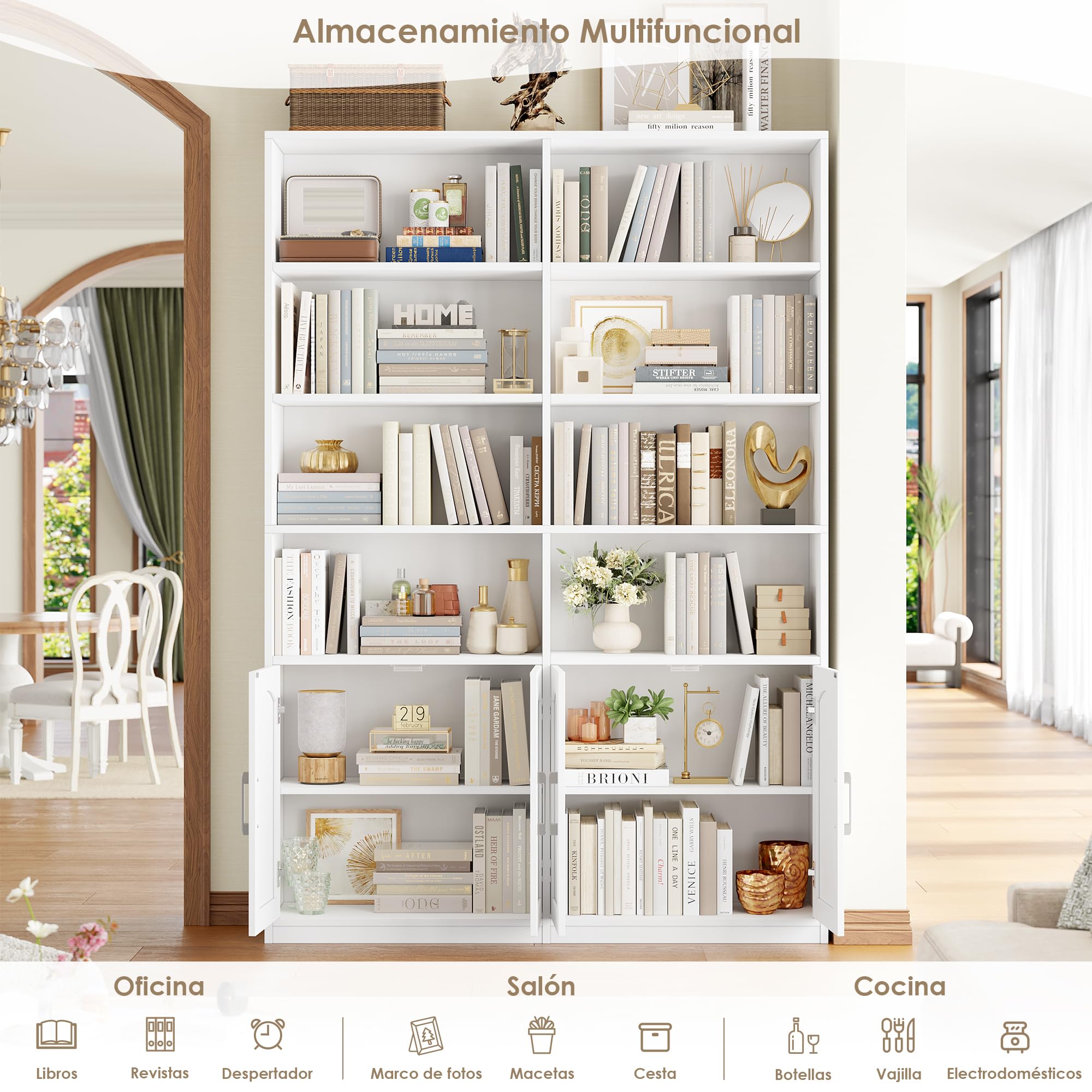 FirFurd 186cm Estantería Libros de 8 Compartimientos con 4 Puertas Blanco | Librería Salón, Estanterías Almacenaje de Pie para Oficina Salón Almacenamiento y Exhibición 115An.x27F.x186Al.cm