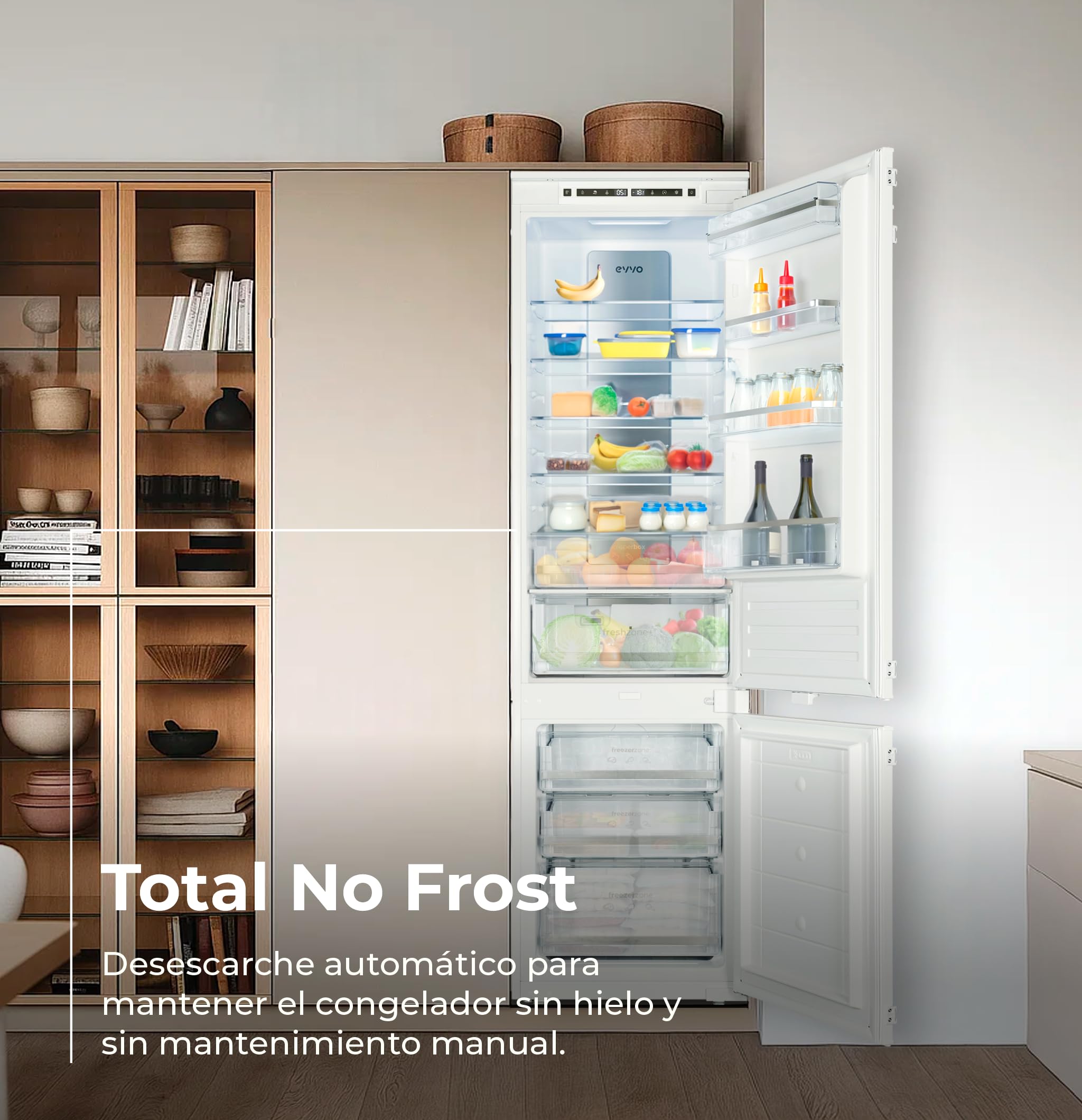 EVVO Frigorífico Combi Integrable Fi65, 180L Frigorífico + 64L Congelador, 194 cm, Total No Frost, Tecnología Inverter, Multi Air Flow, Cajón Chiller Zone, Función ECO y Vacaciones, Silencioso