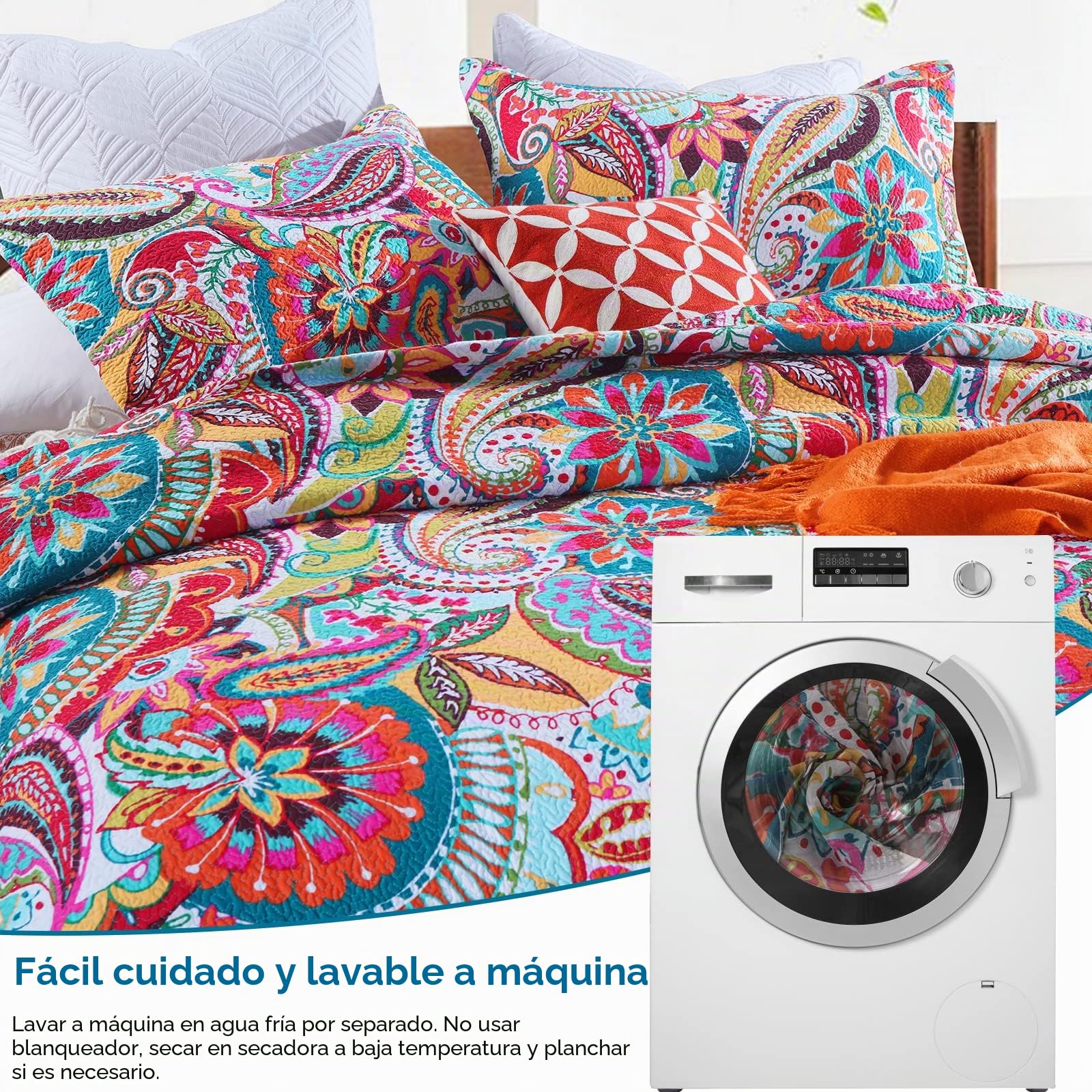 Qucover Colcha Cama 150, Cubrecama 100% Algodón Multicolor Patrón Floral Shabby Chic, Colchas Preciosas Reversibles Otoño e Invierno 230x250 cm con 2 Fundas de Almohada 50x70 cm, Paisley Rojo