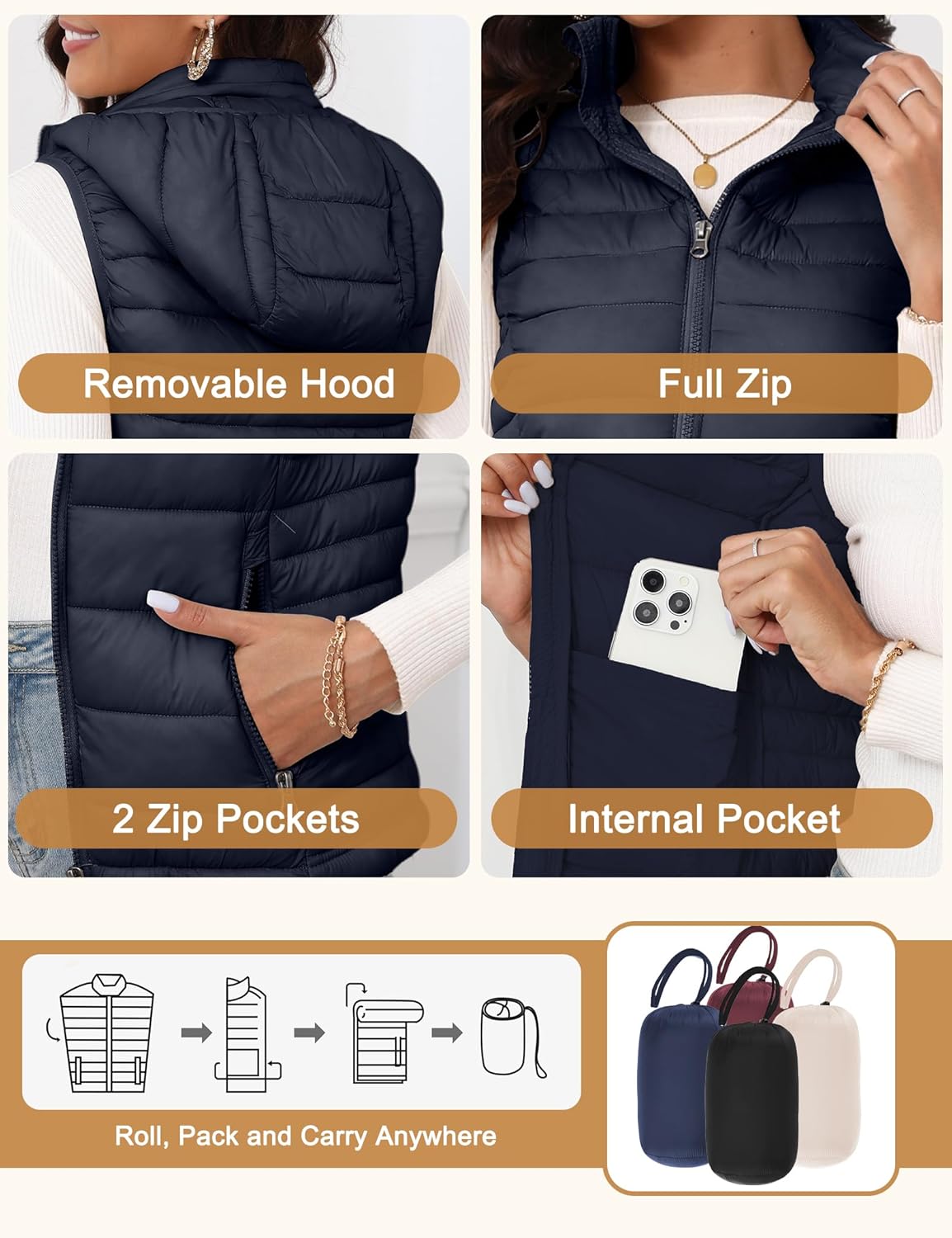 SLOW DOWN Womens Lightweight Puffer Vest, Womens Winter Packable Vest, Womens Puffy Vest with Removable Hood and Zip Pockets - Image 4