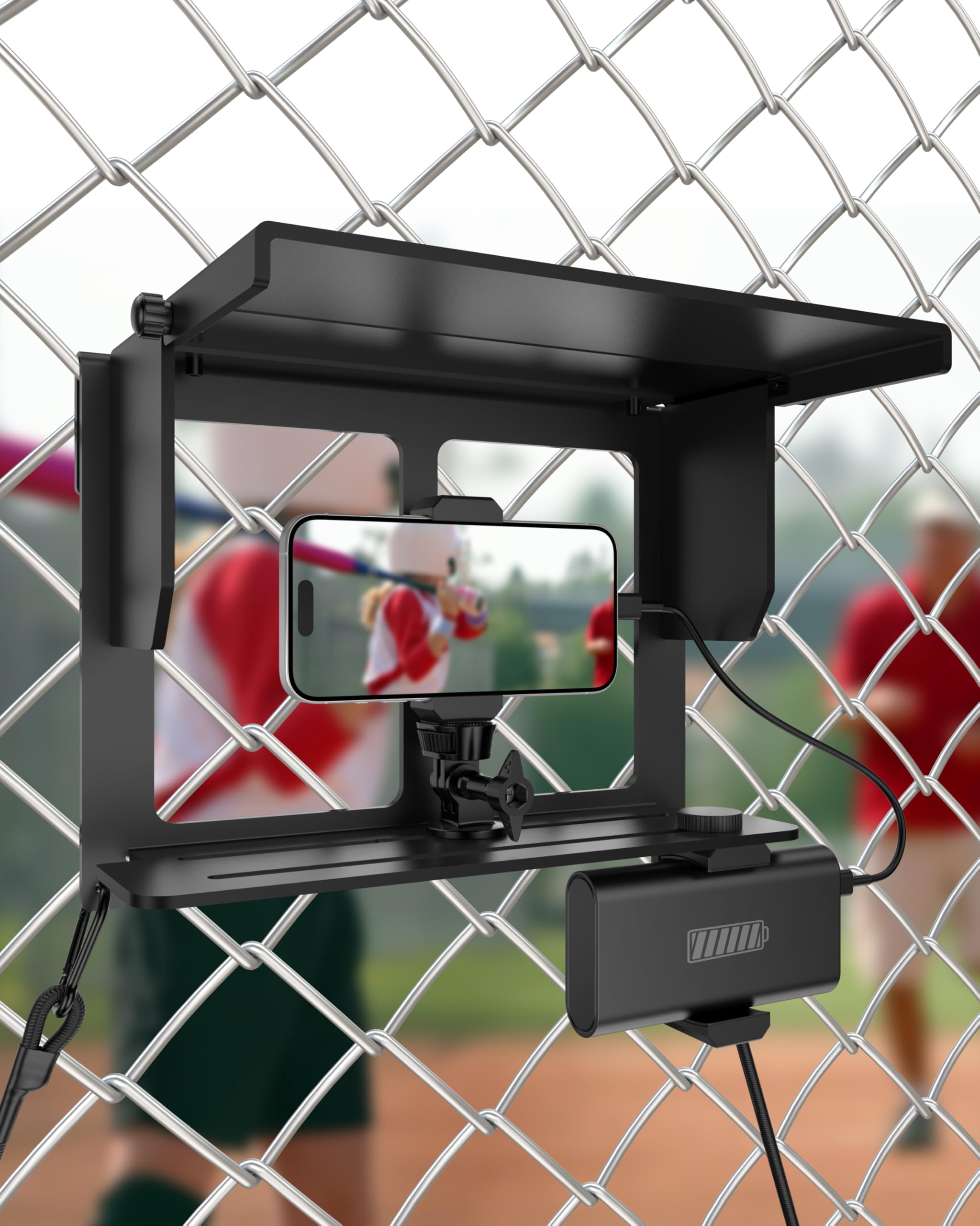 Stouchi Game Changer Mounting Kit, Fence Mount with Adjustable Sun Shade Power Bank Clip, Stable No-Shake Recording Kit for iPhone, Samsung, GoPro, Mevo Start for Baseball Softball Tennis