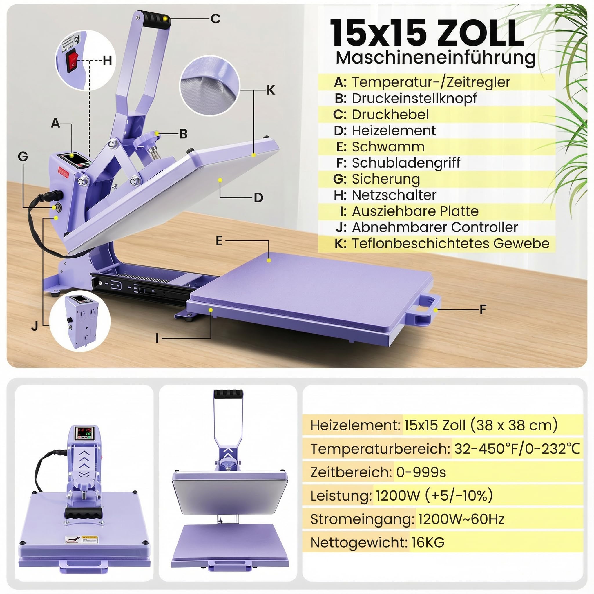 38x38 Schiebeauszug Heißpresse, Flachbett-Heizpresse für T-Shirts, Transferpresse, Industrielle Digitale Sublimationsmaschine für Sublimation auf T-Shirts für DIY (Lila)