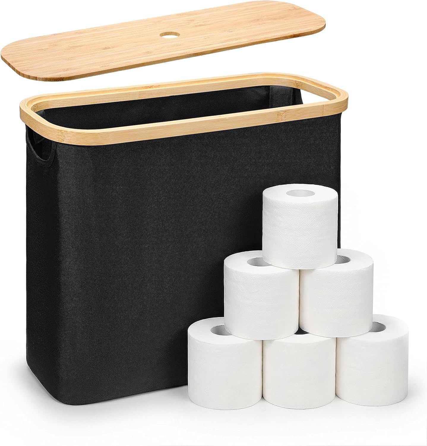 Toilet Paper Storage with Bamboo Lid, Toilet Paper Basket, Bathroom Storage Organizer with Bamboo Lid Holds Up to 9 Mega or 12 Regular Size Rolls, Black