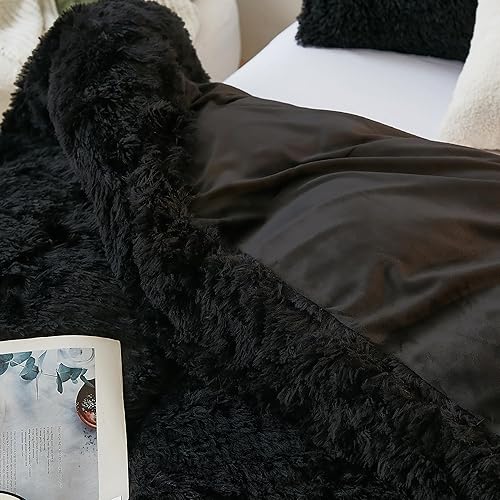 Miniatura 5 de Andency Juego de funda de edredón tamaño King, color negro, mullido y esponjoso, de pelo sintético, con cierre de cremallera, funda de edredón suave