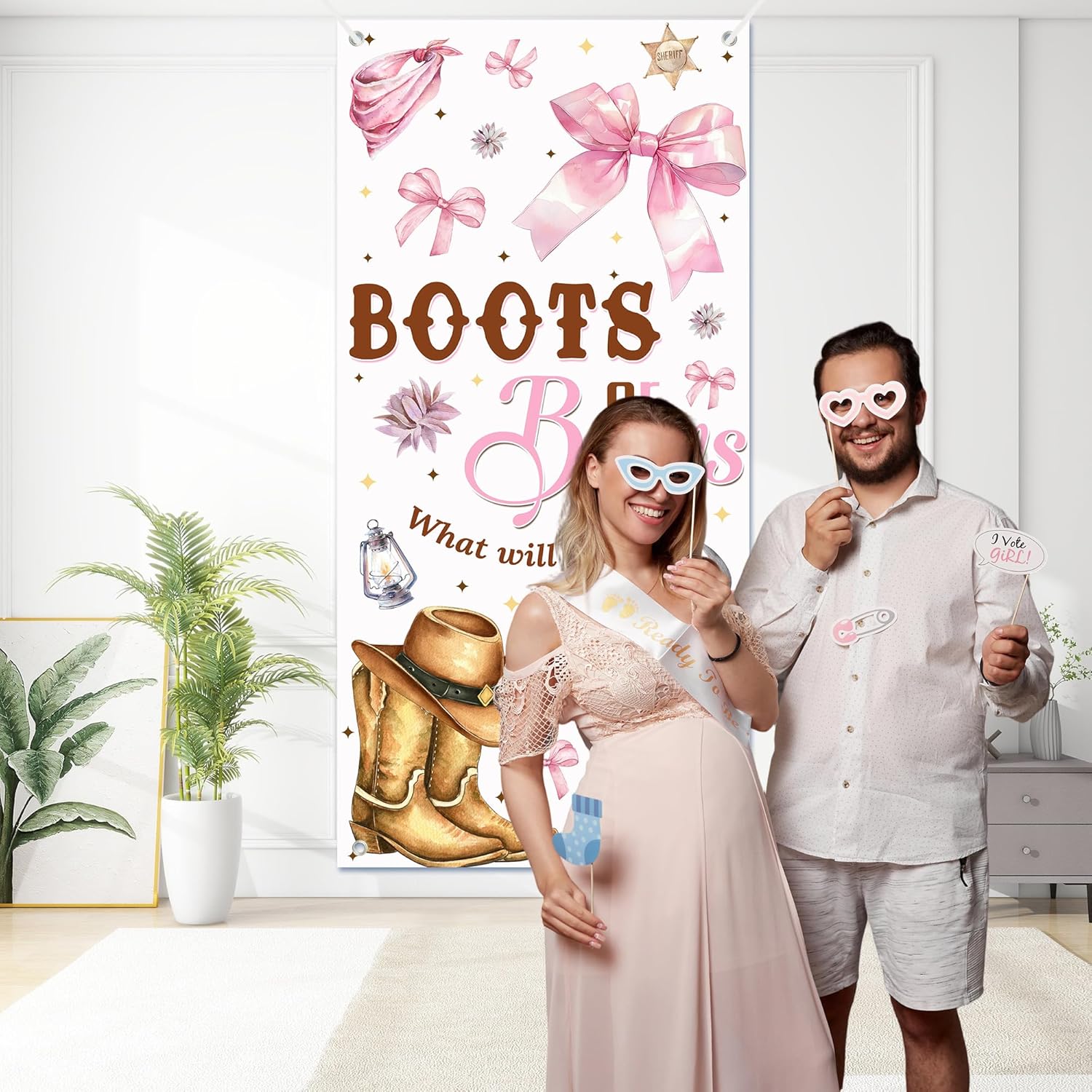 Boots or Bows Gender Reveal Backdrop - Pink Western Cowboy Theme Baby Shower Banner for Gender Announcement Party, Nursery Photography, Cowboy Nursery Decor, What Will Baby Be Photo Prop 35x72 Inch - Image 4