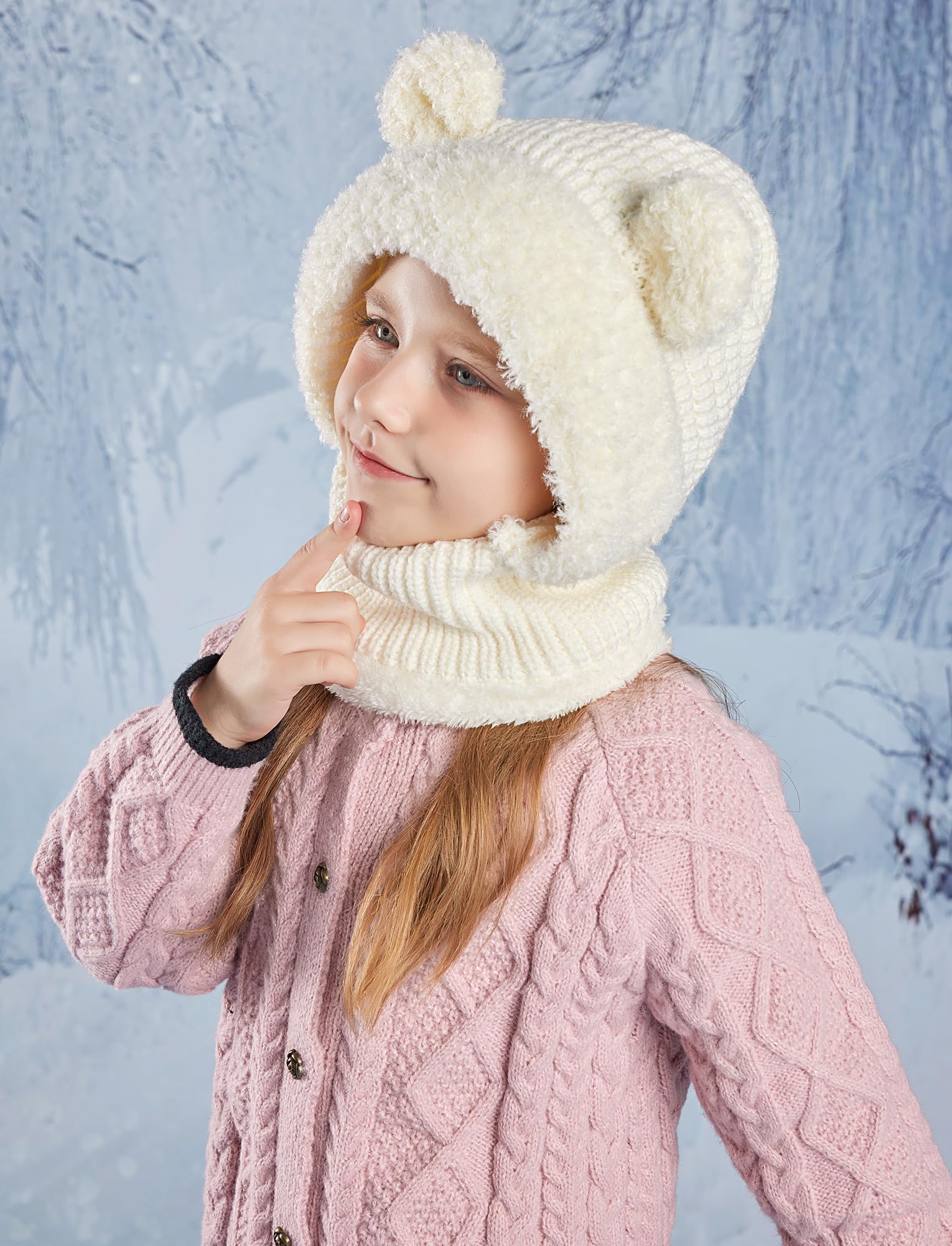Maeau Berretto invernale per bambini e bambine, 4-10 anni, berretto invernale lavorato a maglia, in pile con 2 pompon 2 in 1, passamontagna e sciarpa ad anello, berretto a maglia