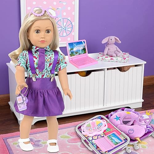 Miniatura 4 de iBayda 25 piezas de ropa y accesorios de muñeca de 18 pulgadas, estuche de viaje, equipaje, juego escolar con almohada, cámara, gafas de sol para
