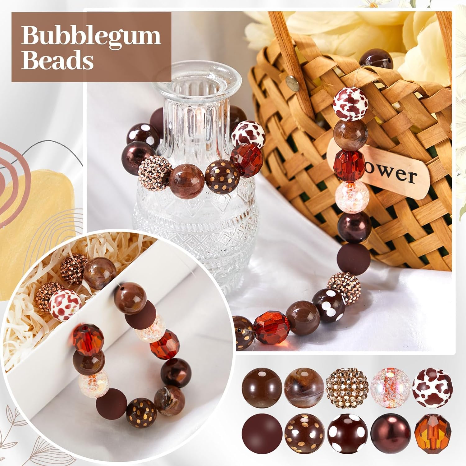 20 Pcs Chunky Bubblegum Beads 20mm Focal Pen Large Rhinestone Pearl Beads for DIY Beadable Pen School Jewelry Making Keychain Craft Making(Brown) - Image 7