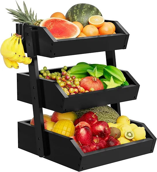 Bamboo 3 Tier Fruit Basket For Counter, Large Capacity Fruit Storage Countertop, Fruit Holder, Wooden Pantry Organizers and Storage, Kitchen Countertop Organizer With Two Banana Hangers (Black)