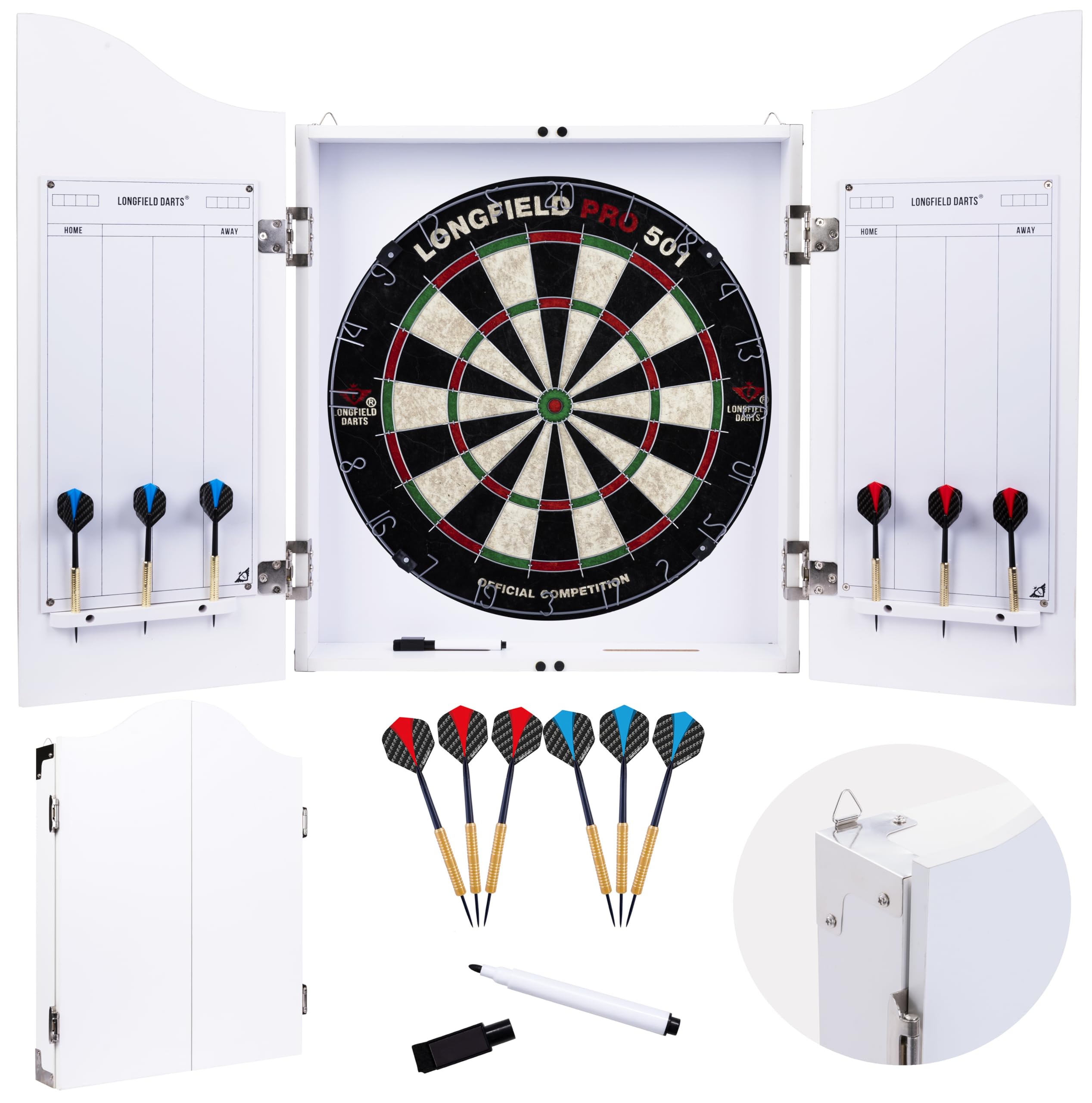 Engelhart - 065019 - Wooden Dart Cabinet + Sisal Dartboard + 2 Sets of 18 g Darts (White)