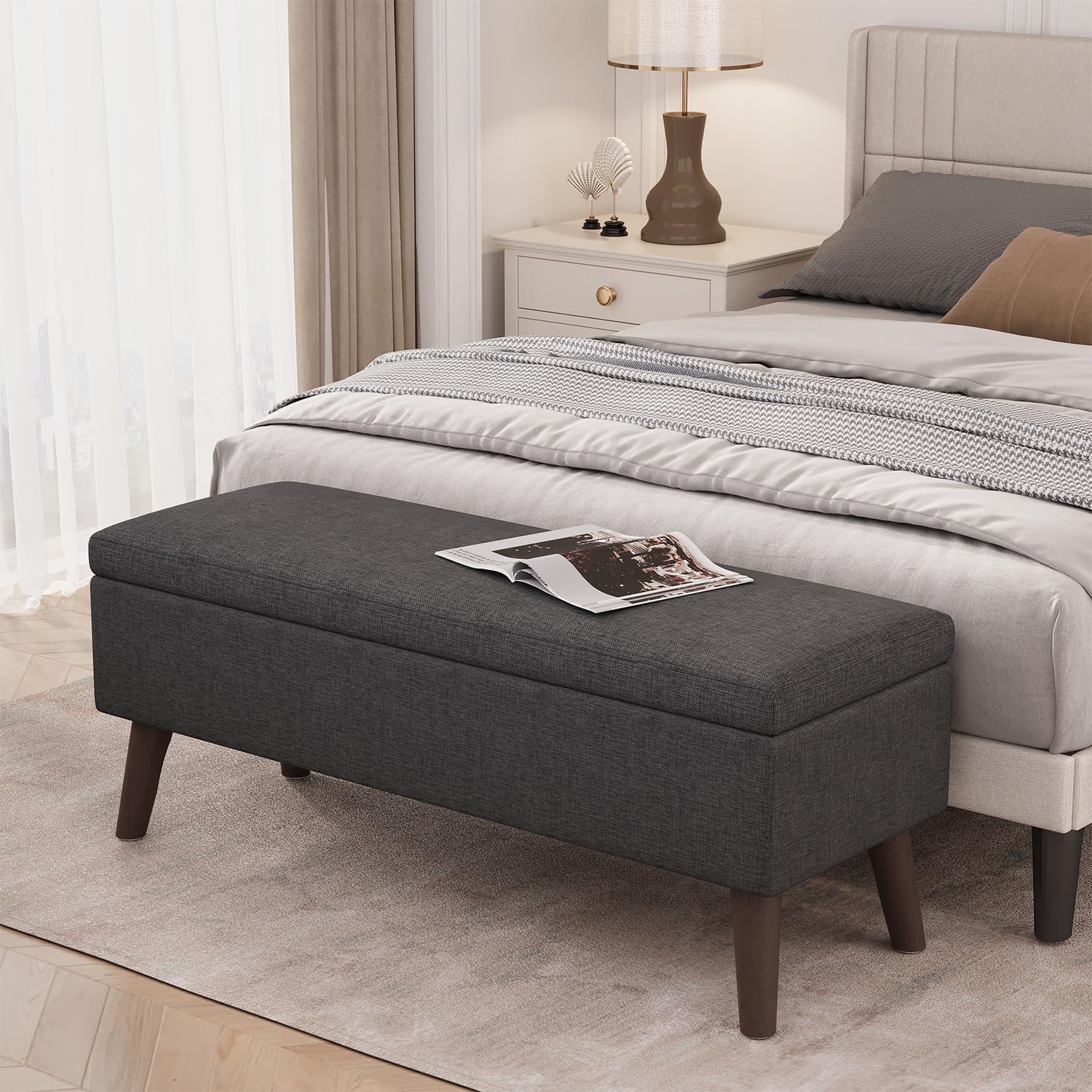 Banquette Coffre, Banc Bout de Lit en Lin, Gris