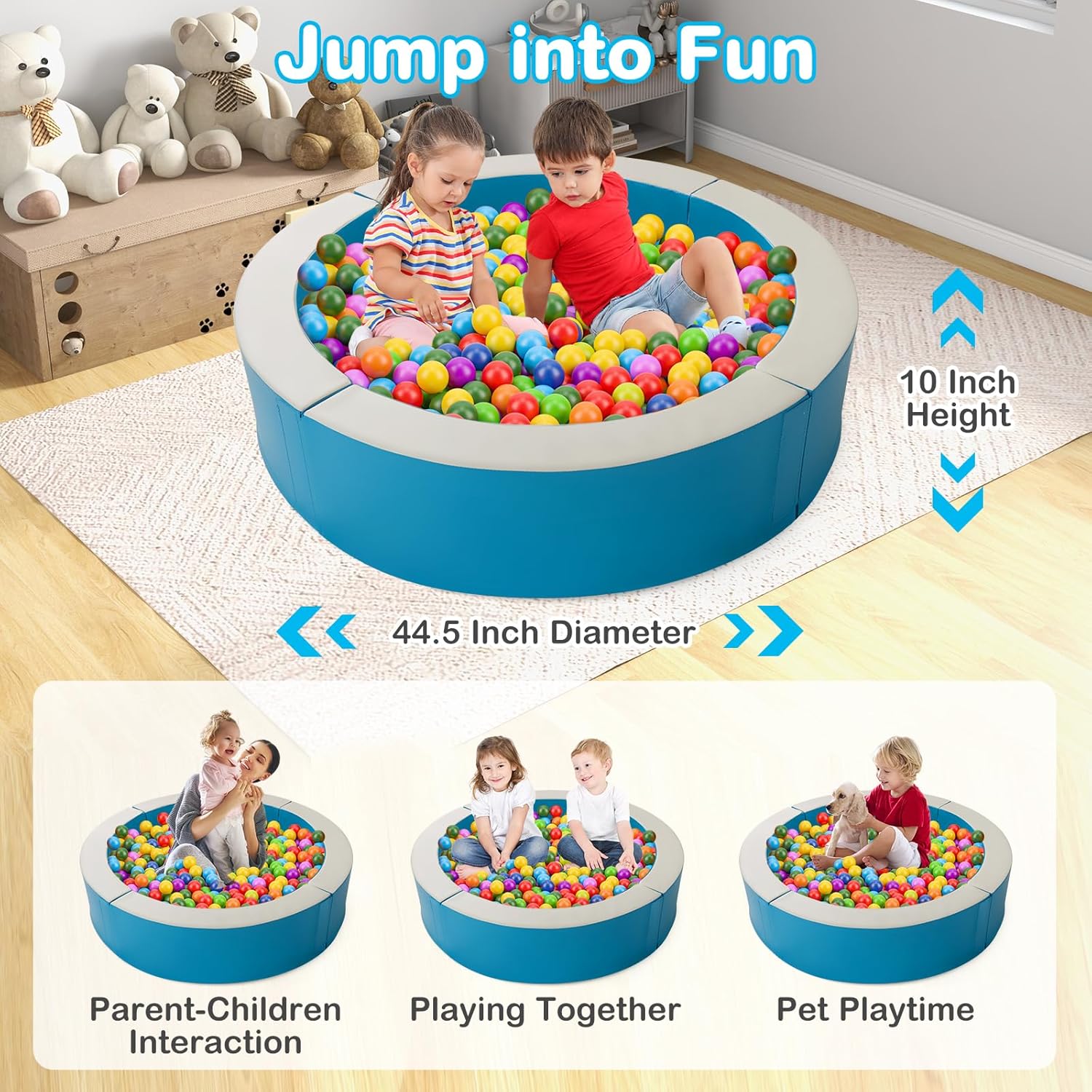 HONEY JOY Foam Ball Pit, 44.5” x 10” Large PU Leather Ball Pool with 50 Ocean Balls, Indoor Outdoor Baby Crawl Playpen, Dog Play Pit, Round Playhouse Ball Pit for Toddlers, Gift for Boys Girls (Blue)