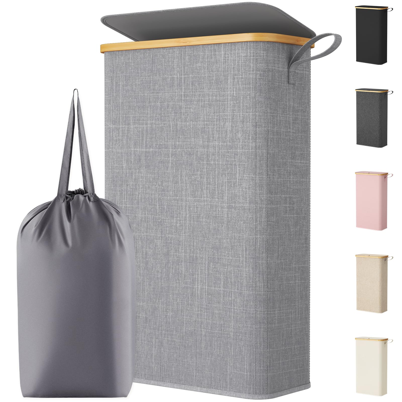 Lifewit Cesto Portabiancheria Salvaspazio, Cesta Biancheria Sporca con Coperchio, Porta Biancheria Sporca Slim per Bagno, Laundry Basket per Camera da Letto, Bagno, Lavanderia, 70 L, Grigio Chiaro