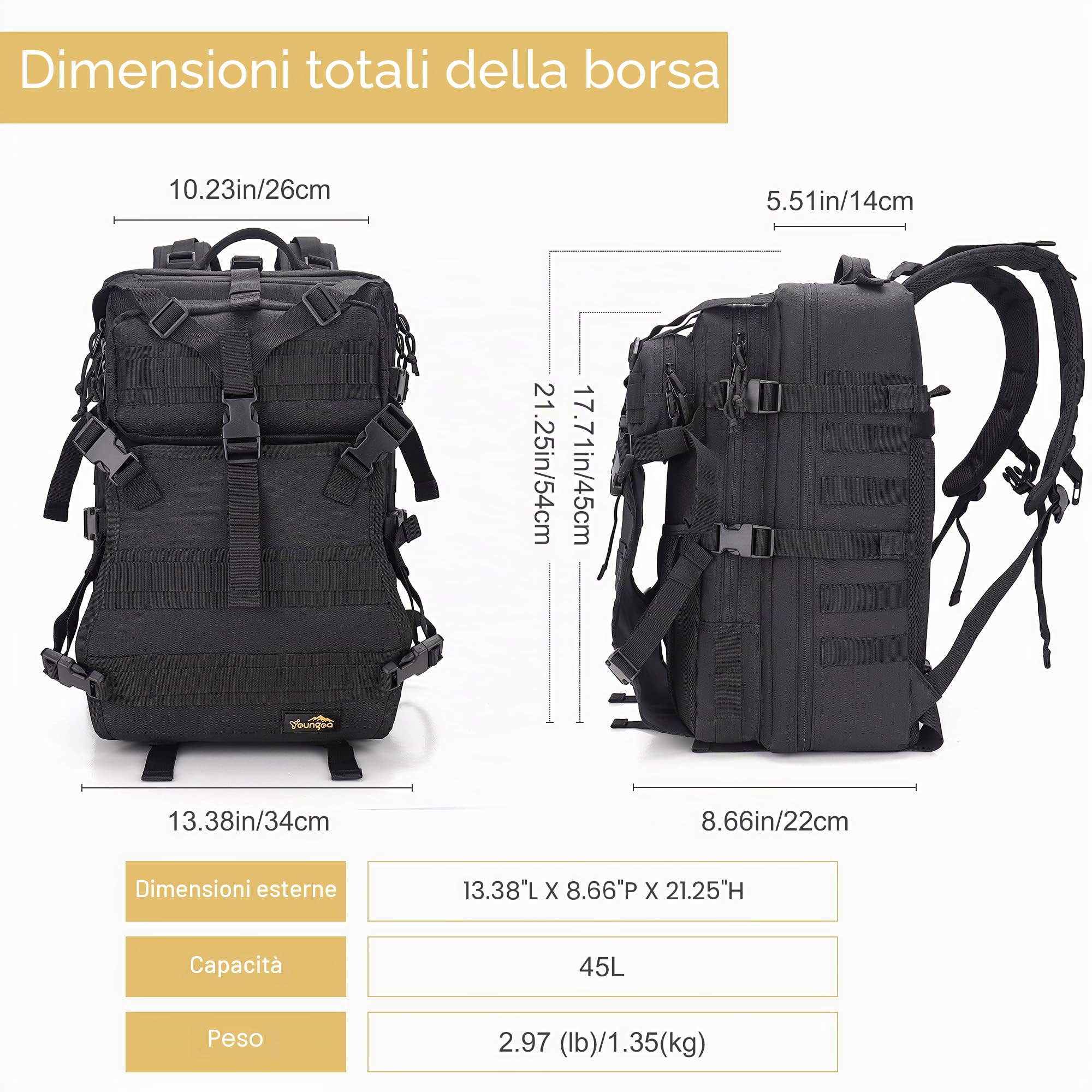 Zaino Moto Uomo, Grande Zaino Militare 45L, Espandibile Zaino porta Casco Moto, Zaino Tattico per Sopravvivenza Trekking e Campeggio e Altre Attività All'aperto