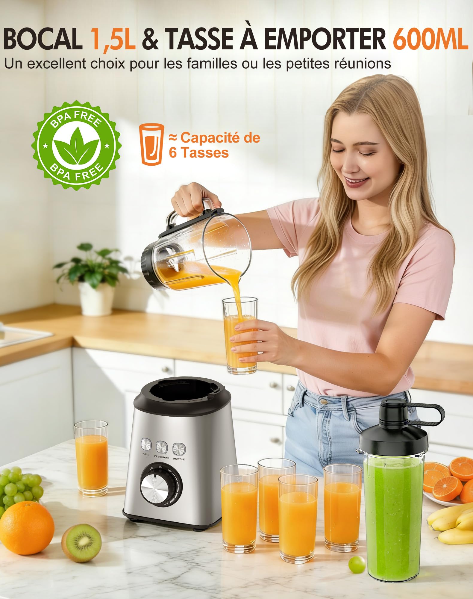 Blender Mixeur 1000W, Blender Smoothie Haute Vitesse avec Bol verre 1,5 L & Tasse 600ml, 3 Modes et Vitesse Infinie, 24000 tr/min, Inox, Pour Glace Pilée, Smoothies, Jus, Shakes (Blender-01)