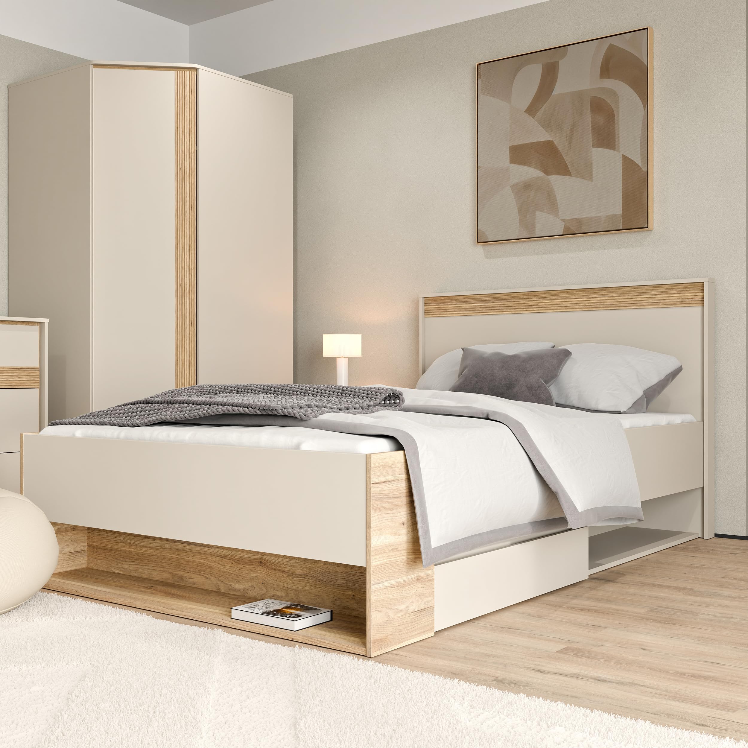 Forte WEXLIN Bettgestell, Liegefläche 120 x 200 cm, modernes Bett mit Schublade und Regal, Kinder- und Jugendzimmer,Kaschmir|Beige|Mauvella Eiche Holzdekor, 130 cm breit x 96,3 cm hoch x 210,8 cm tief