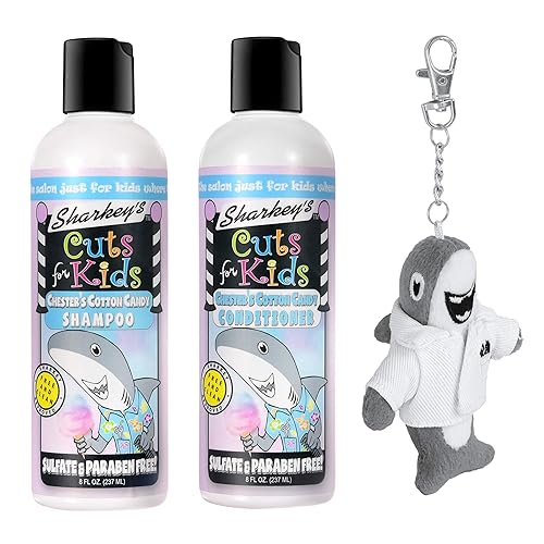 Sharkey's Cotton Candy - Champú y acondicionador para niños con clip de mochila de felpa Baby Shark o clip para lonchera - Sin sulfatos y sin