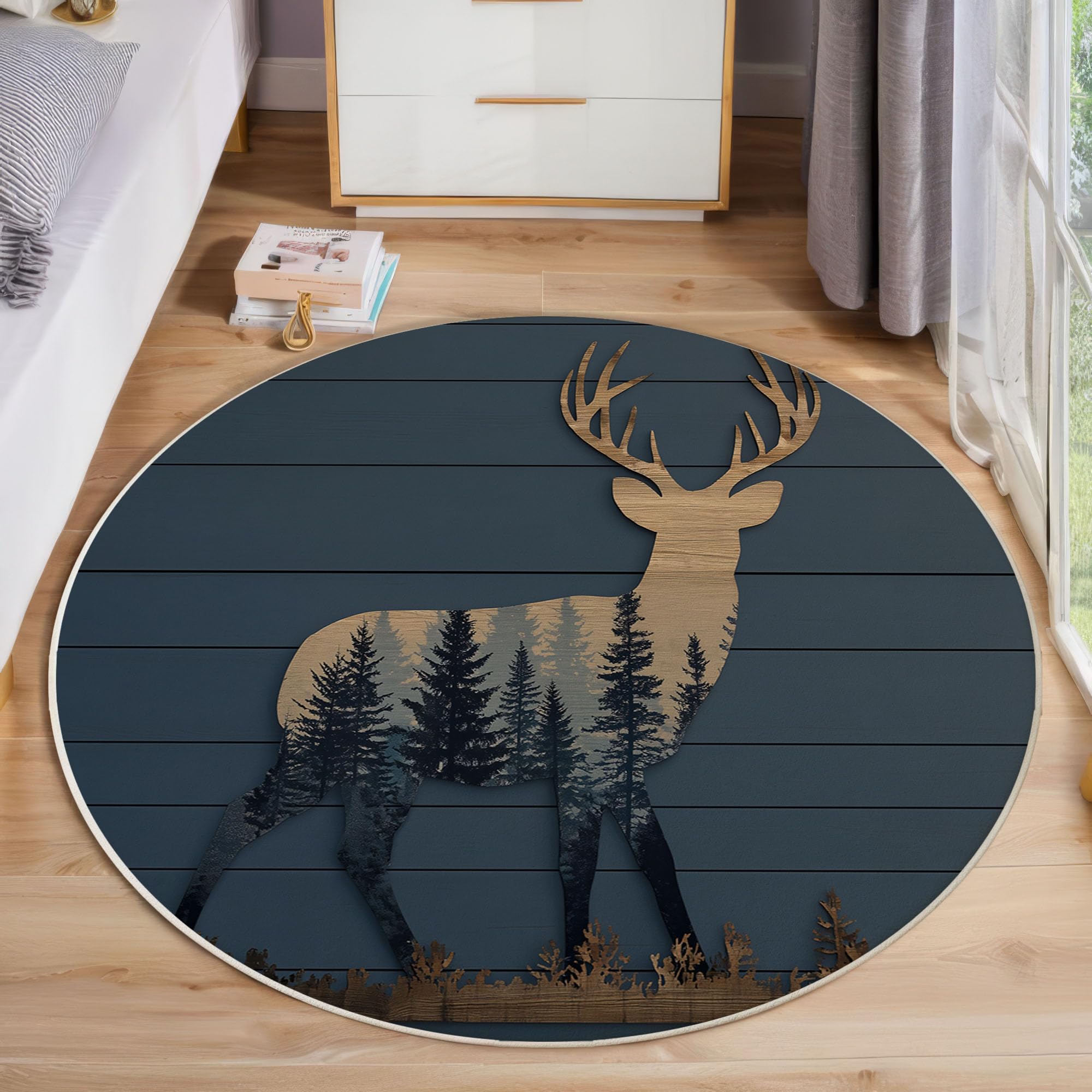 Tapis rond élan 3D effet sculpture bois, moquette bleu foncé rétro chic de 160cm