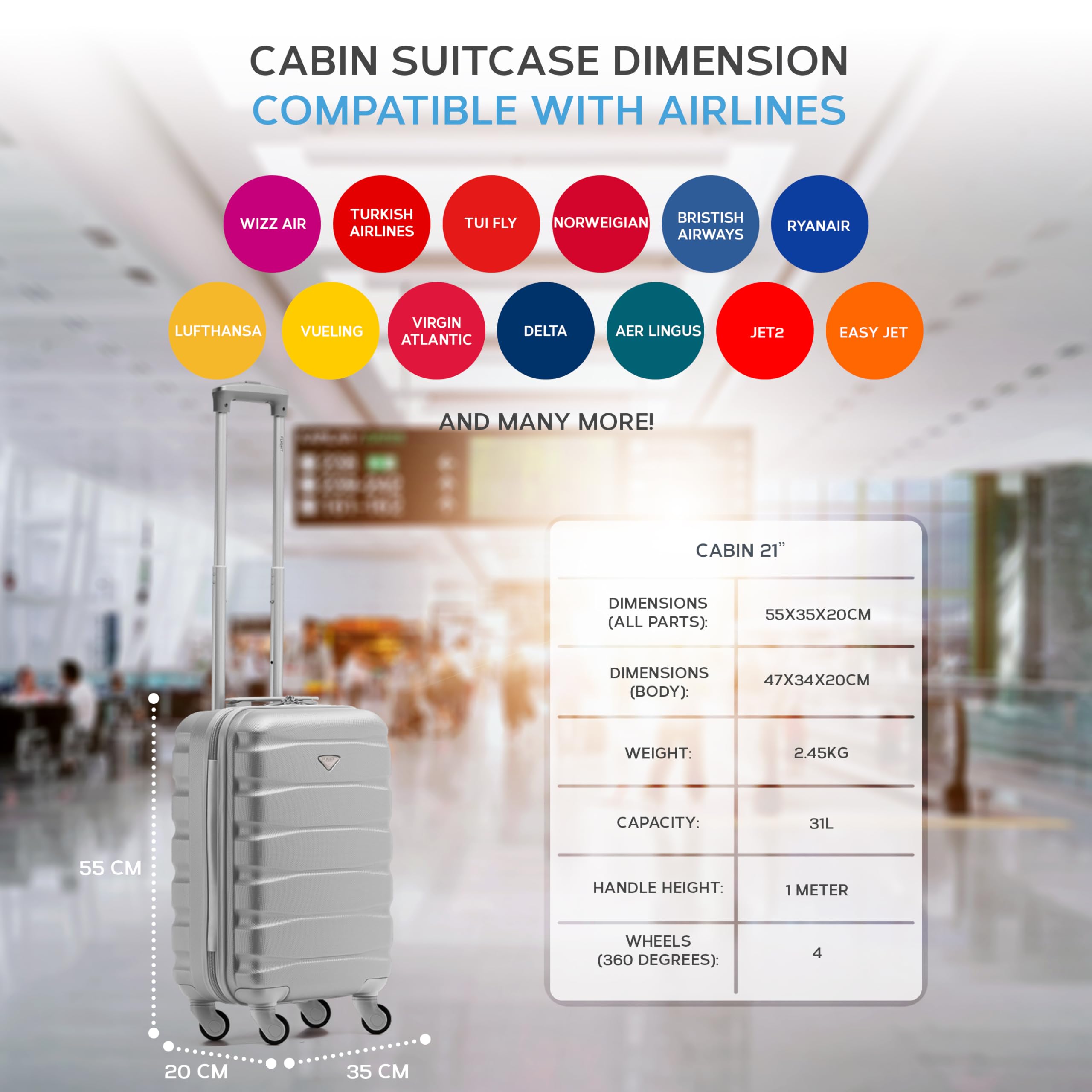 Flight Knight Lightweight 4 Wheel ABS Hard Case Suitcases Cabin Carry On Hand Luggage Approved for Over 100 Airlines Including British Airways, easyJet, Jet2 & Wizz 55x35x20cm - TSA Lock