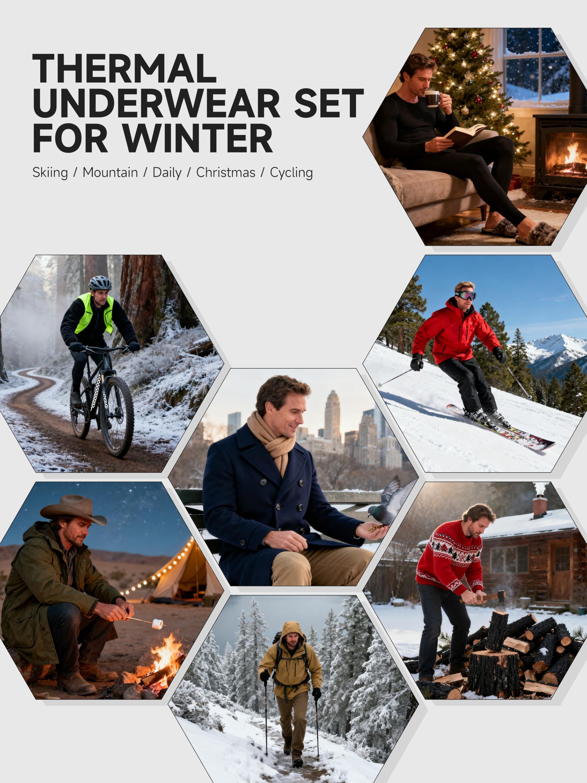 VZV Thermal Underwear for Men Fleece Lined Long Johns for Mens Thermals Top and Bottom Set Soft Base Layer for Winter